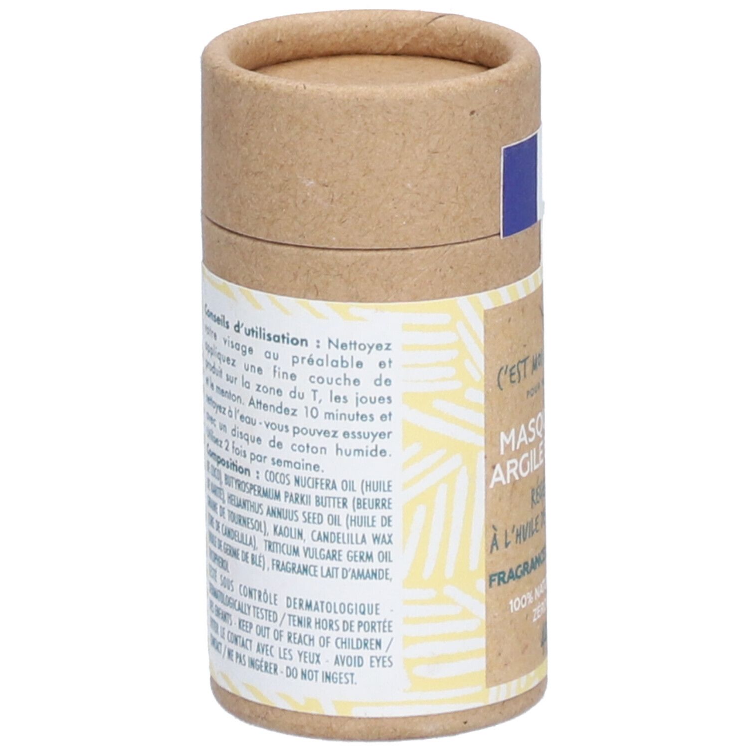 Emballage cylindrique, dos avec texte. Contient des informations sur l'utilisation et les ingrédients.