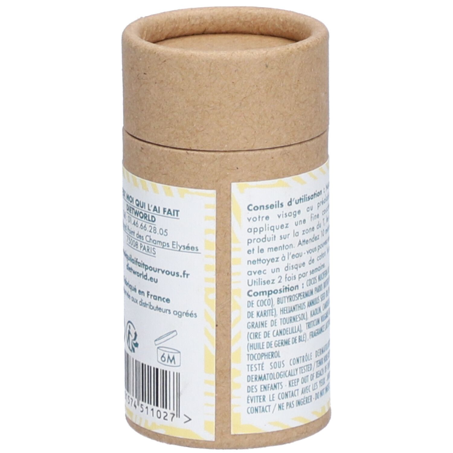 Emballage cylindrique, dos avec texte. Contient des informations sur l'utilisation et les ingrédients.