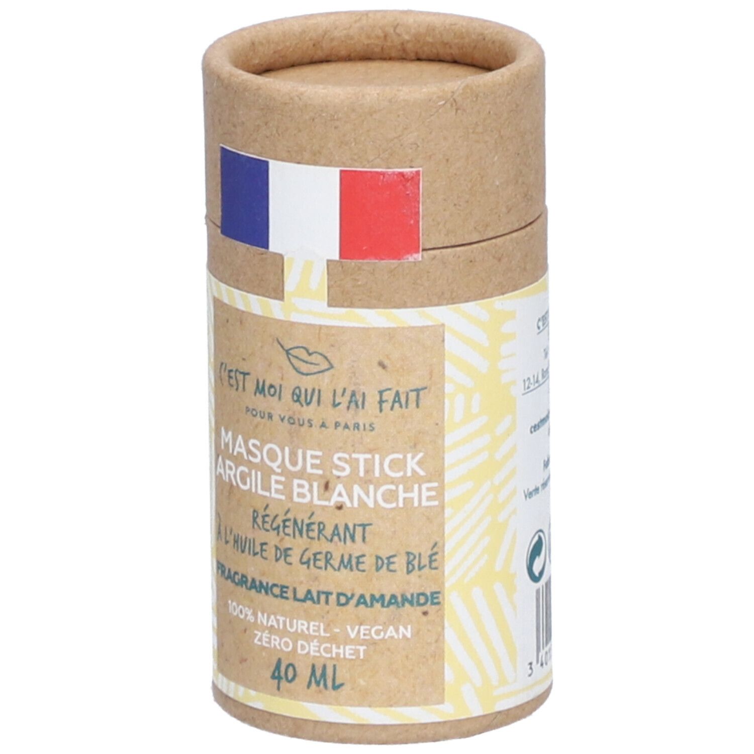 Emballage cylindrique avec drapeau français. Inscription: Masque Stick Argile Blanche, 40 ml.