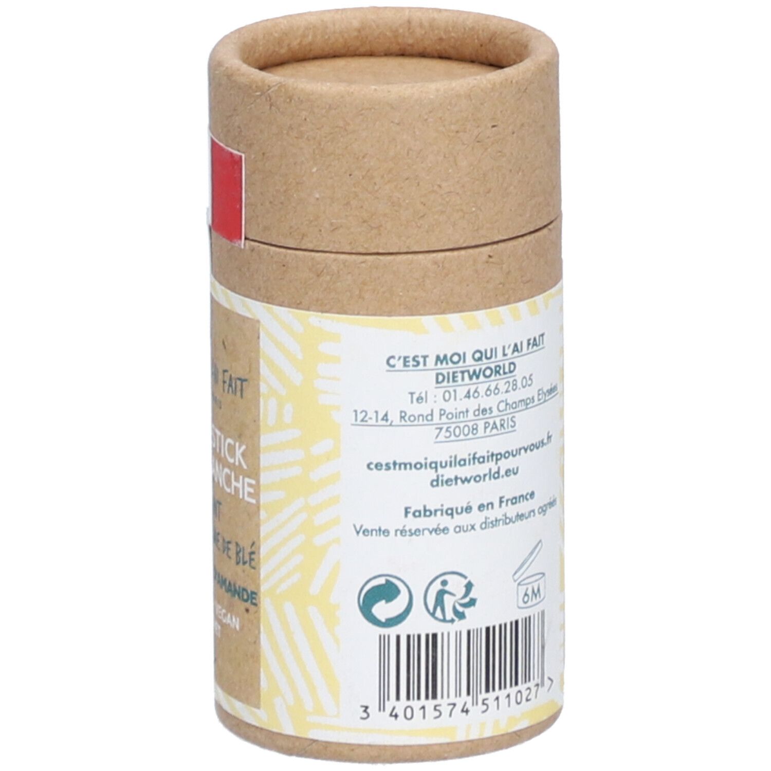 Emballage cylindrique, dos avec texte. Contient des informations sur l'utilisation et les ingrédients.