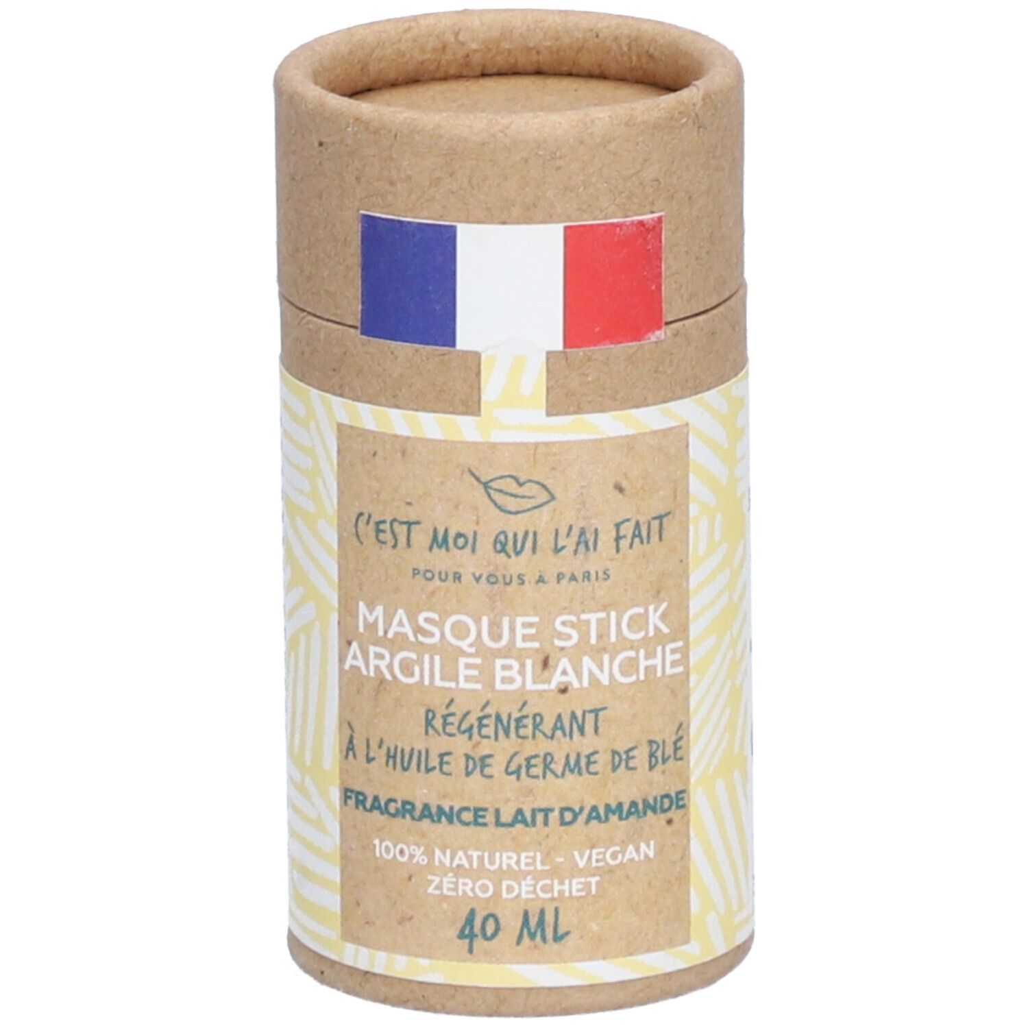 Emballage cylindrique avec drapeau français. Inscription: Masque Stick Argile Blanche, 40 ml.
