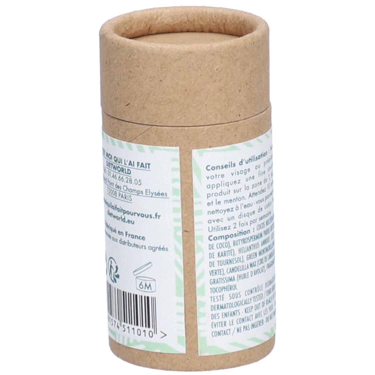 Tube cylindrique avec texte sur étiquette verte. Contient coordonnées et détails de production.