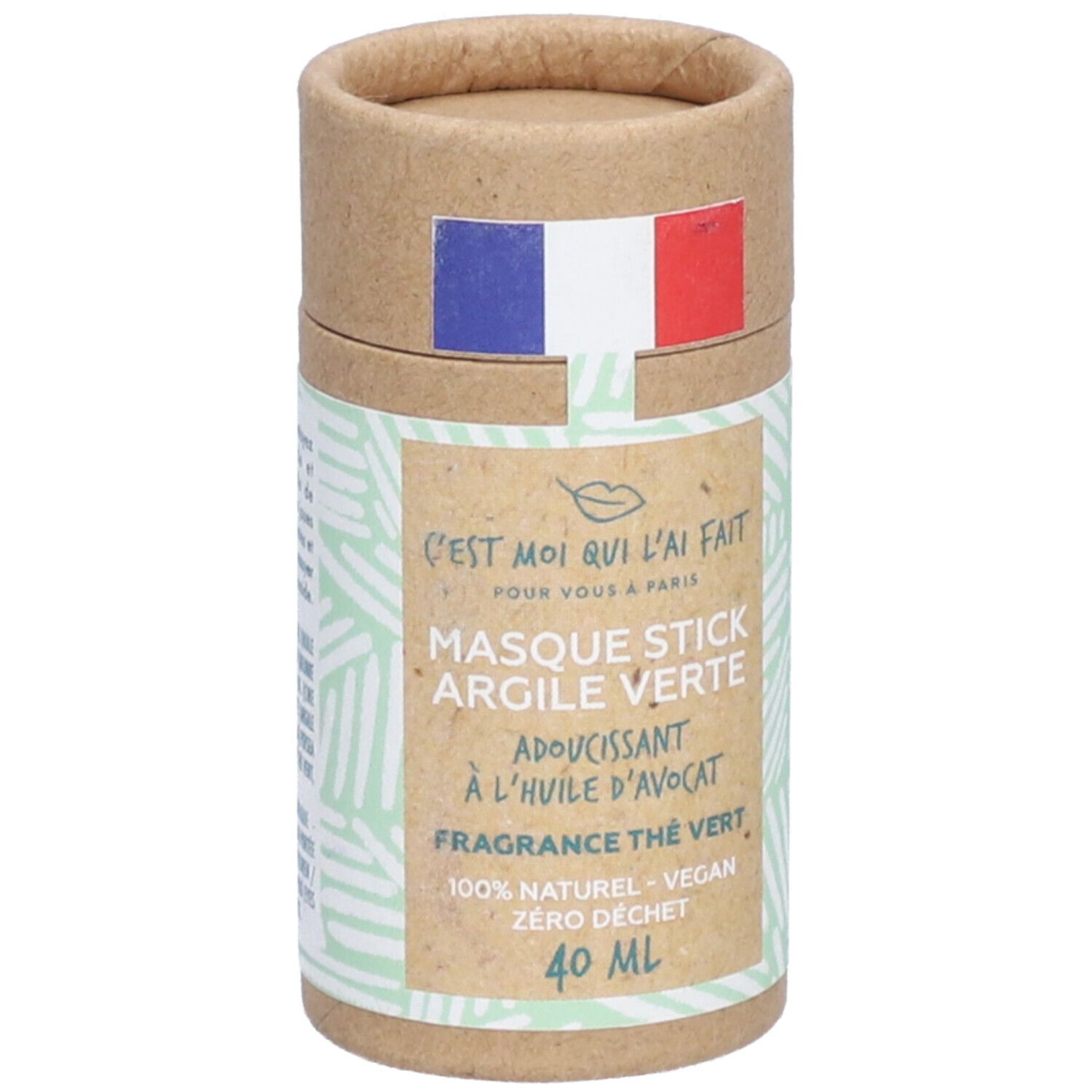 Tube cylindrique avec étiquette verte. Drapeau français. Texte: Masque Stick Argile Verte, 40 ml.