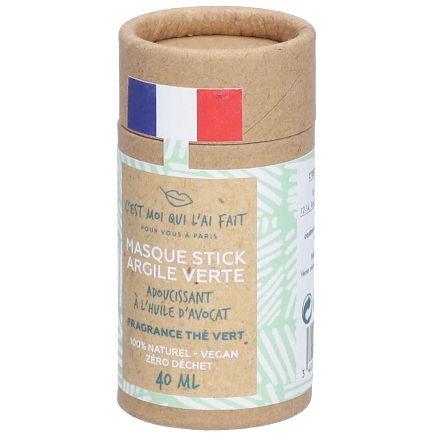 Tube cylindrique avec étiquette verte. Drapeau français. Texte: Masque Stick Argile Verte, 40 ml.