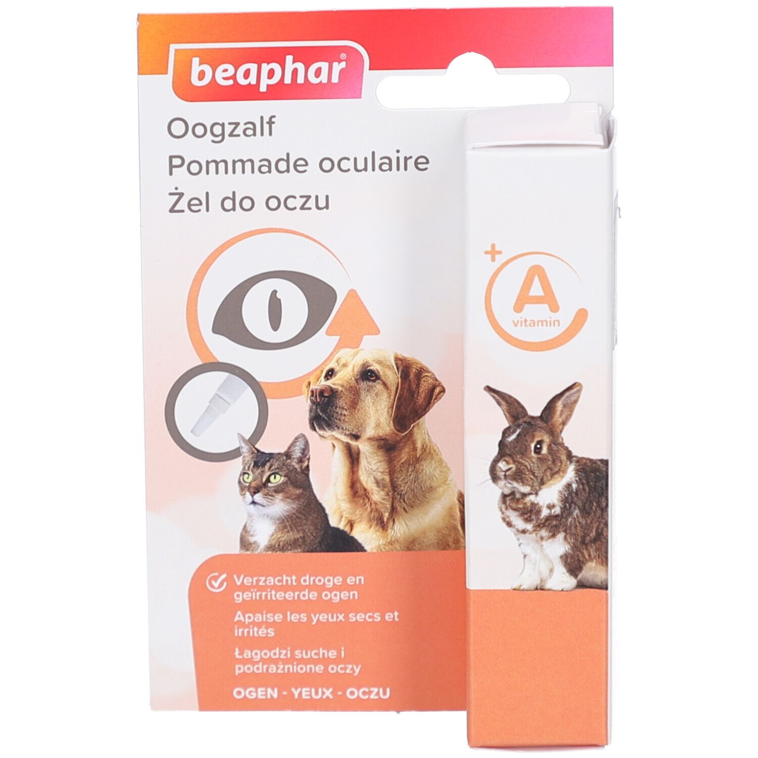Emballage de Beaphar® Pommade oculaire. Boîte et tube. Illustrations d'animaux. Contient de la vitamine A. Texte multilingue.