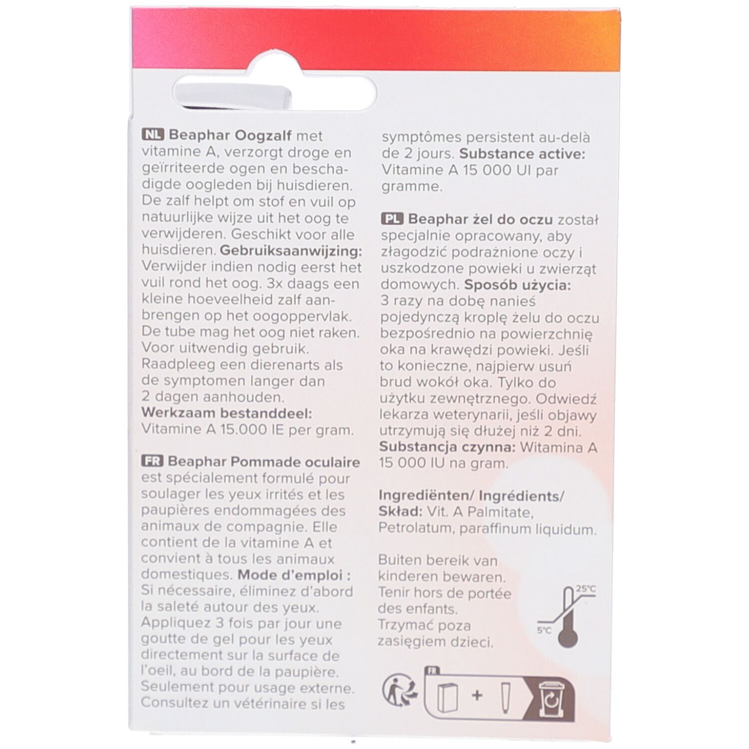 Dos de l'emballage de Beaphar® Pommade oculaire. Informations produit multilingues, ingrédients et mode d'emploi.