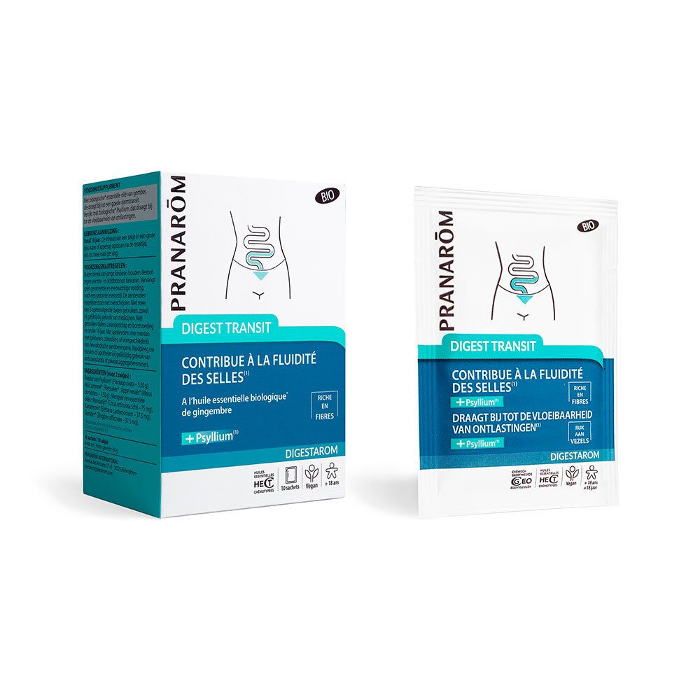 Boîte et sachet DIGESTAROM DIGEST TRANSIT. Contient Psyllium. Marque PRANARÔM. Produit pour la fluidité des selles.