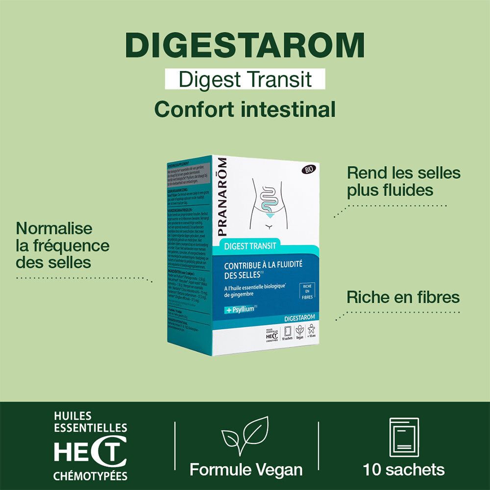 Boîte DIGESTAROM Digest Transit. Vegan, 10 sachets. Contient Psyllium. Marque PRANARÔM. Confort intestinal.