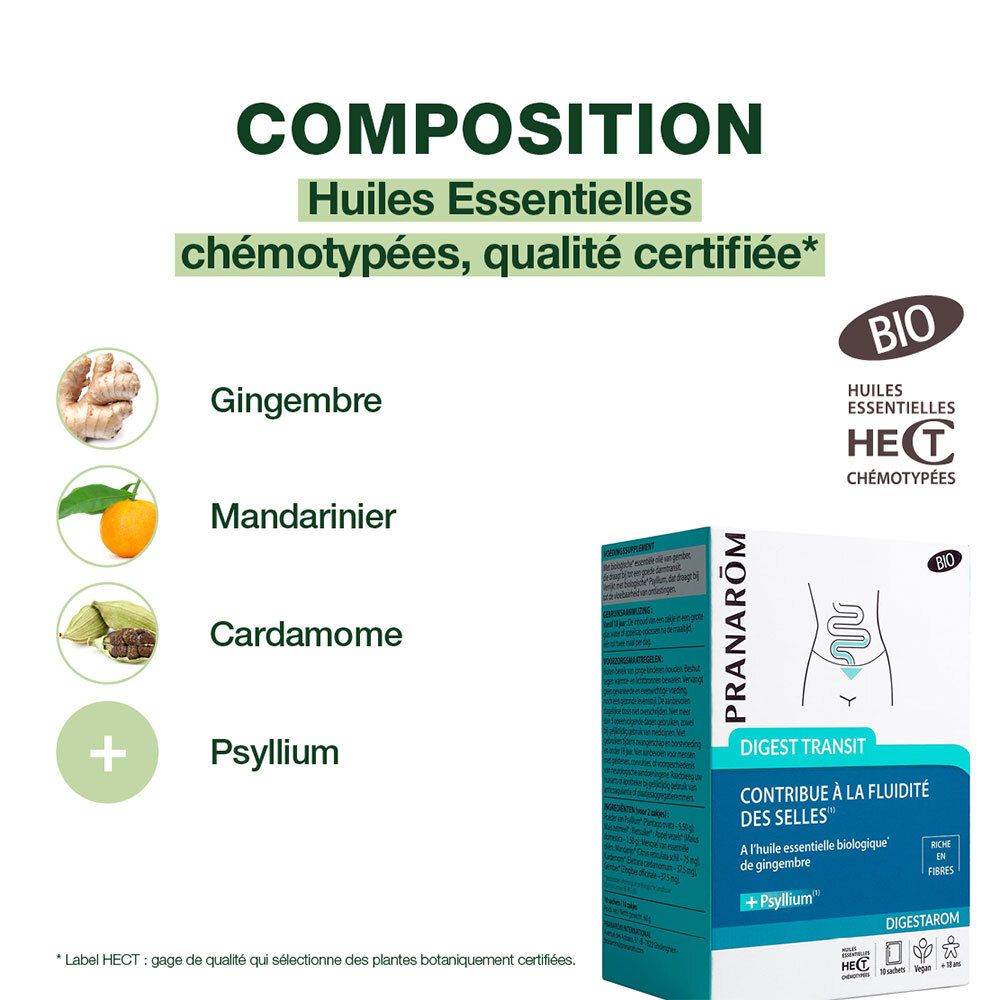 Ingrédients : Gingembre, Mandarine, Cardamome, Psyllium. Produit certifié BIO. Marque PRANARÔM.