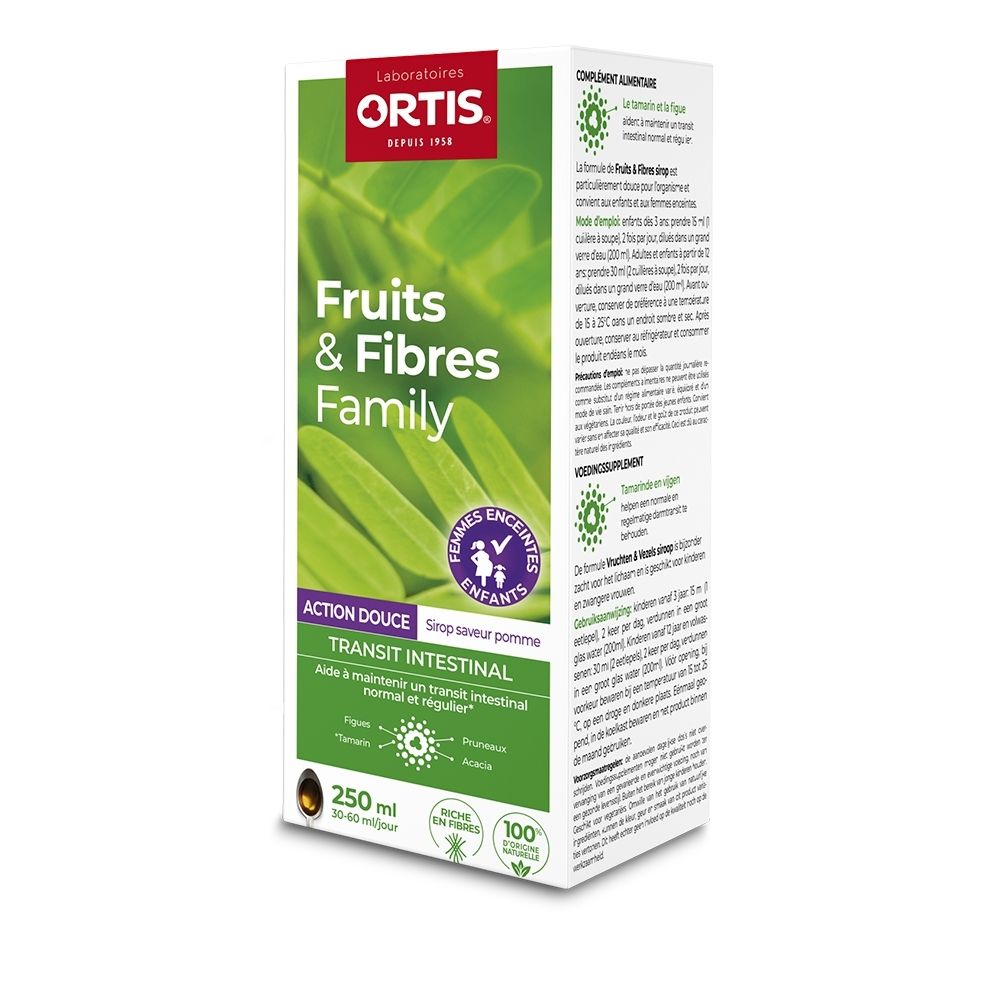 Ortis Fruits & Fibres : Boîte de 250 ml de sirop saveur pomme pour le transit intestinal.