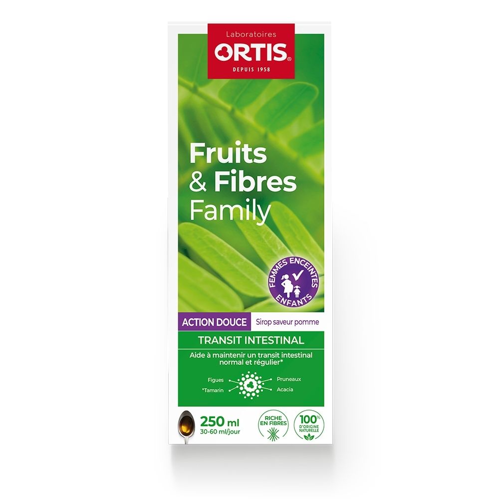 Ortis Fruits & Fibres : Boîte de 250 ml de sirop saveur pomme pour le transit intestinal.