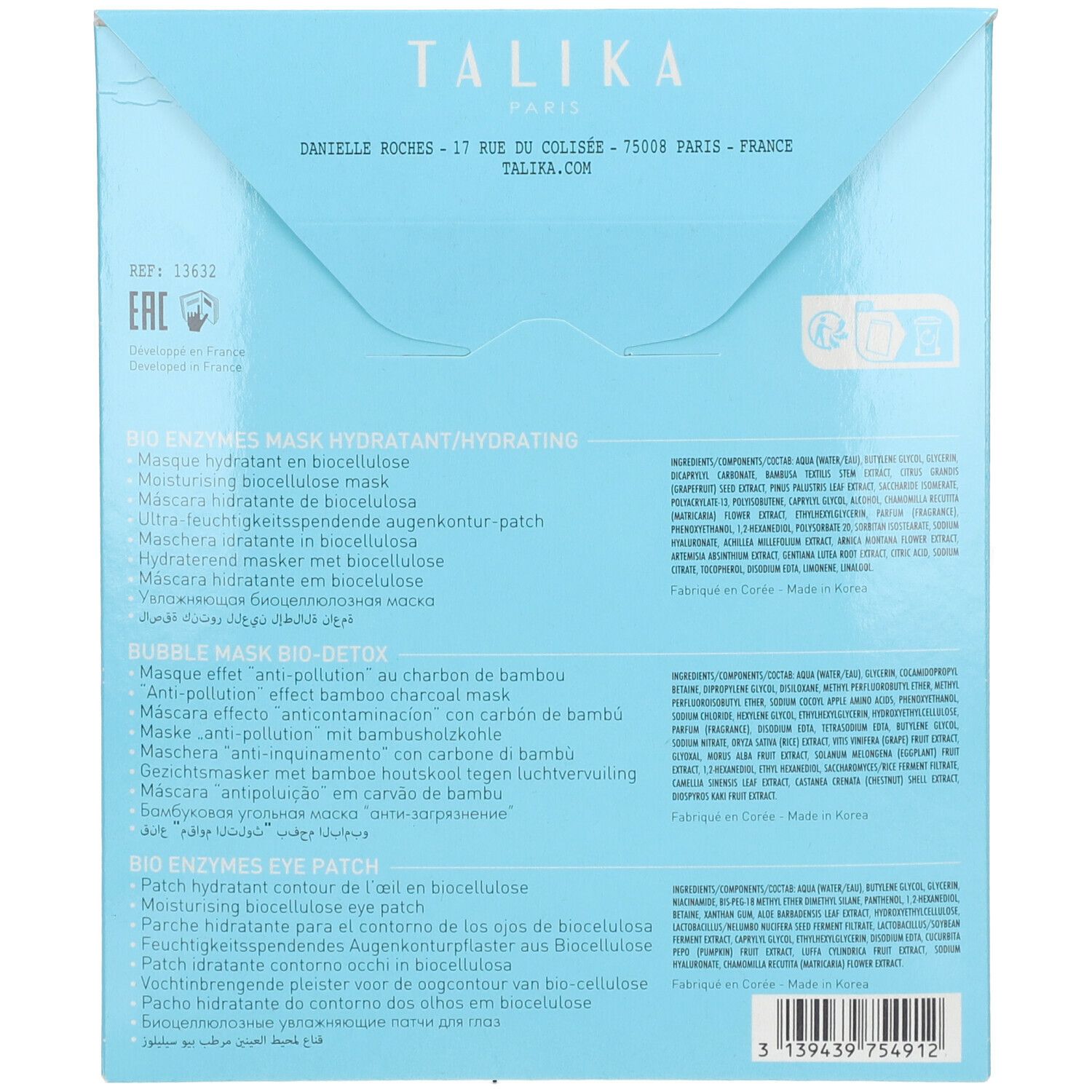 Emballage du set hydratant Talika. Boîte bleu clair avec informations et logos. Contient Bio Enzyme Mask, Bubble Mask Bio-Detox et Bio Enzymes Eye Patch.