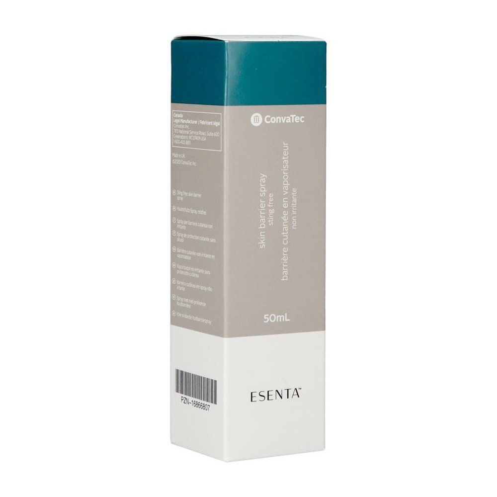 Emballage carton. Inscriptions: ESENTA, ConvaTec, Skin barrier spray, 50ml. Vert, beige et blanc.