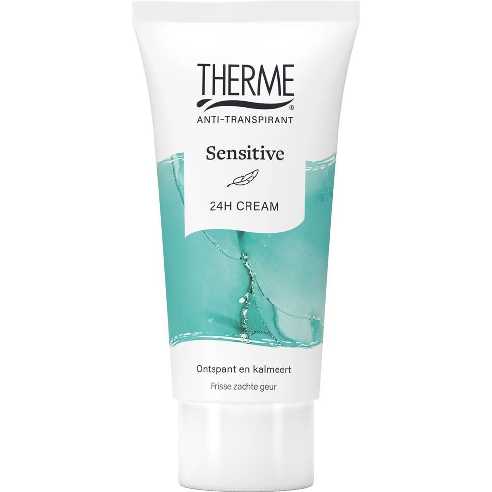 Tube de 24H Cream THERME Antitranspirant Sensitive, nouveau look, avec motif aquatique.