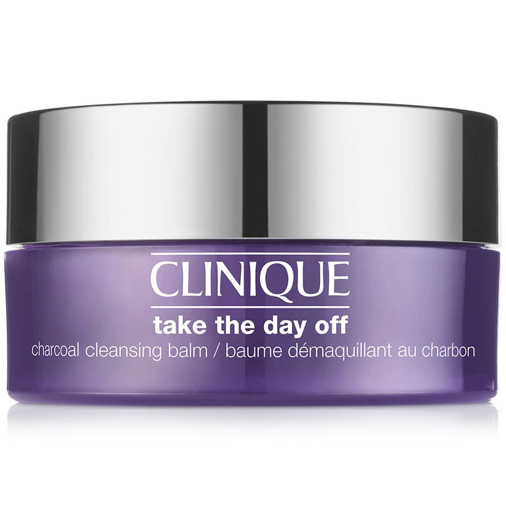 Baume démaquillant au charbon CLINIQUE Take The Day Off™ dans un pot violet avec couvercle argenté.