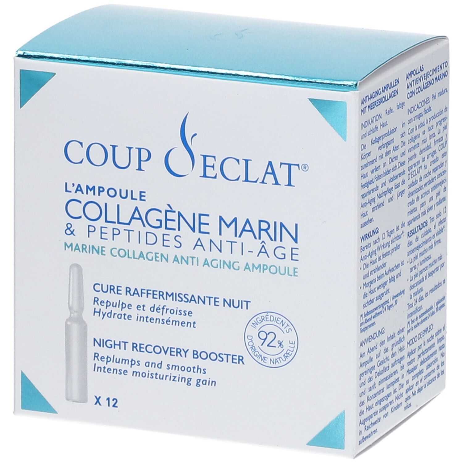 Boîte Coup D'Eclat® Marine Collagen Anti-Ageing Ampulle. Contient 12 ampoules. Nom du produit et logo visibles.