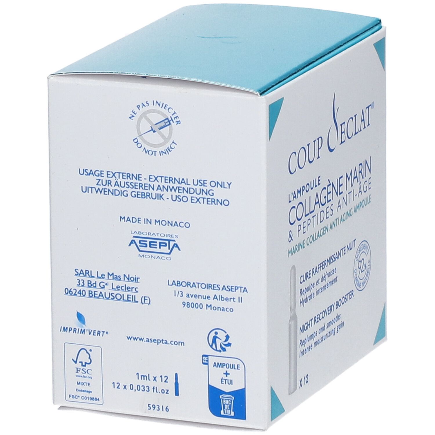 Dos de la boîte Coup D'Eclat® Marine Collagen Anti-Ageing Ampulle. Contient des informations et le logo.