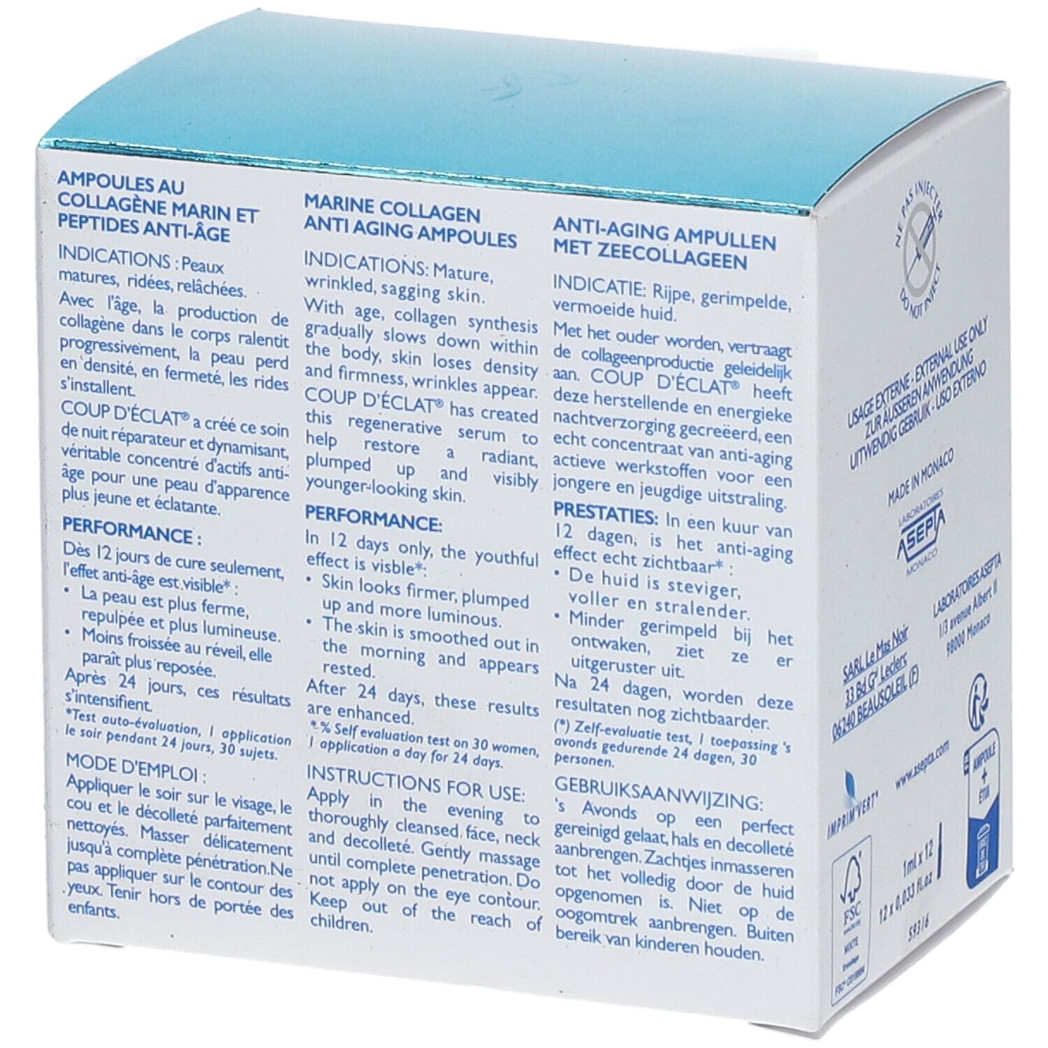Côté de la boîte Coup D'Eclat® Marine Collagen Anti-Ageing Ampulle. Texte multilingue. Informations produit.