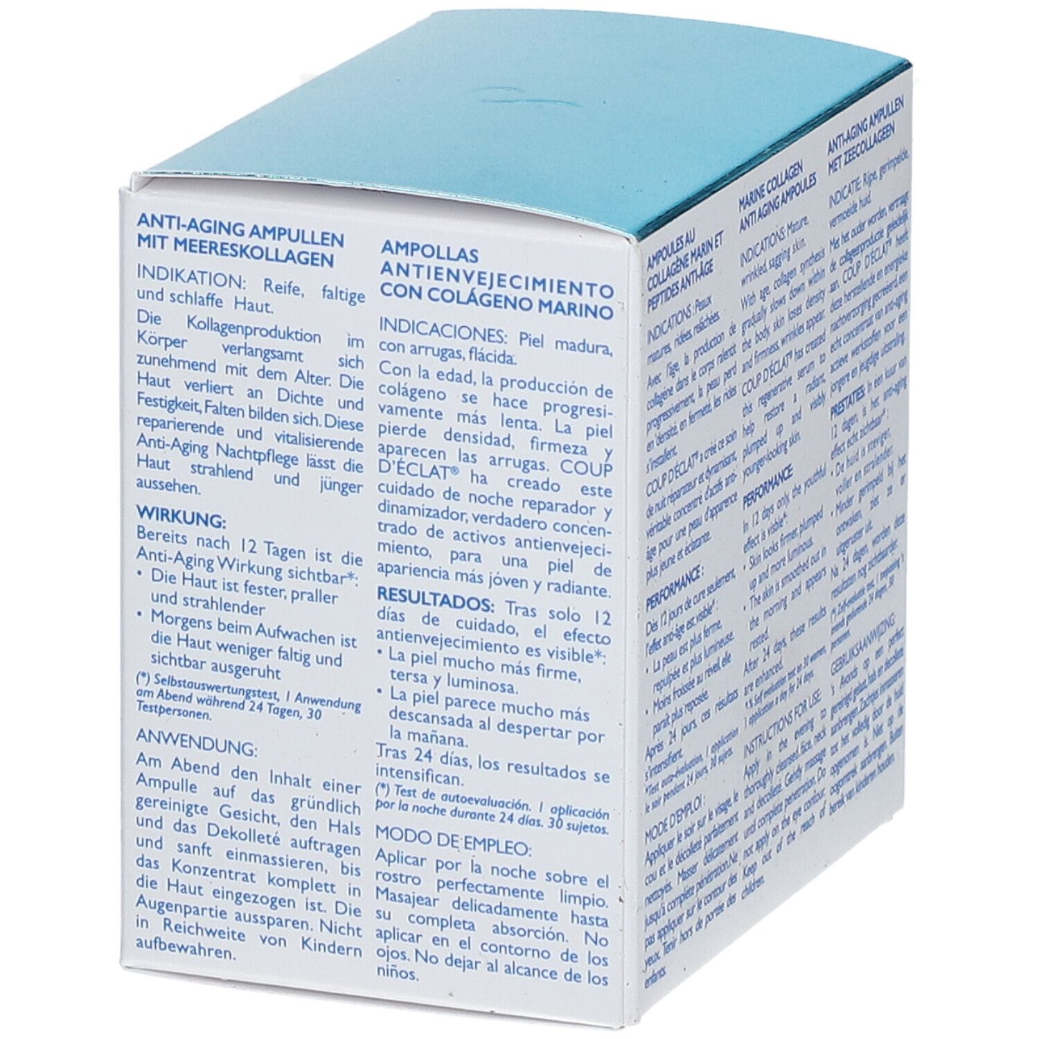 Côté de la boîte Coup D'Eclat® Marine Collagen Anti-Ageing Ampulle. Texte multilingue. Informations produit.