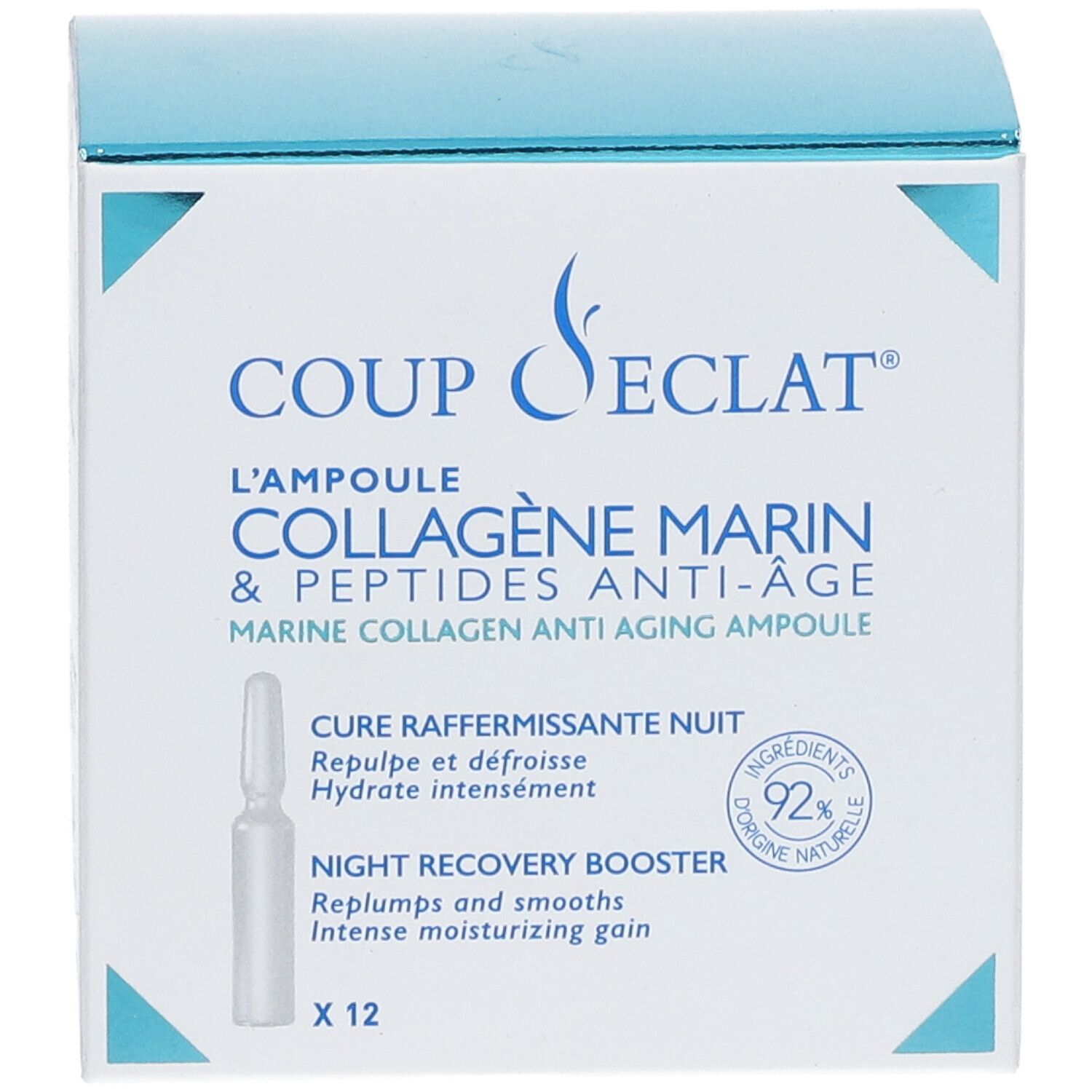 Boîte Coup D'Eclat® Marine Collagen Anti-Ageing Ampulle. 12 ampoules. Nom et logo du produit visibles.