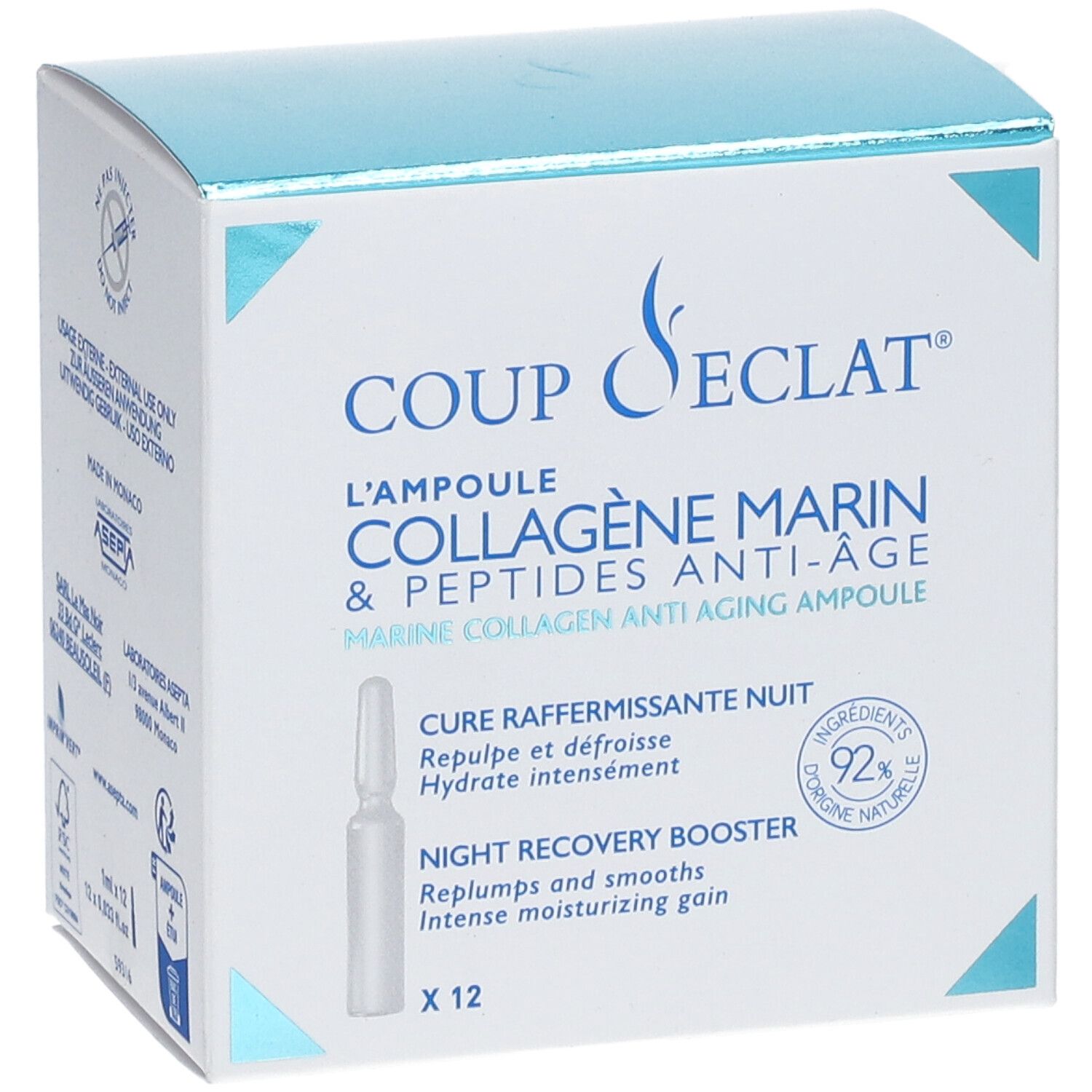 Boîte Coup D'Eclat® Marine Collagen Anti-Ageing Ampulle. 12 ampoules. Nom et logo du produit visibles.