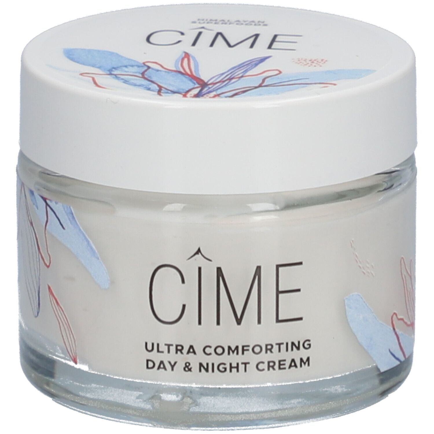 Pot de crème avec couvercle blanc. Inscription Cîme, Ultra Comforting Day & Night Cream. Motifs floraux sur couvercle et pot.