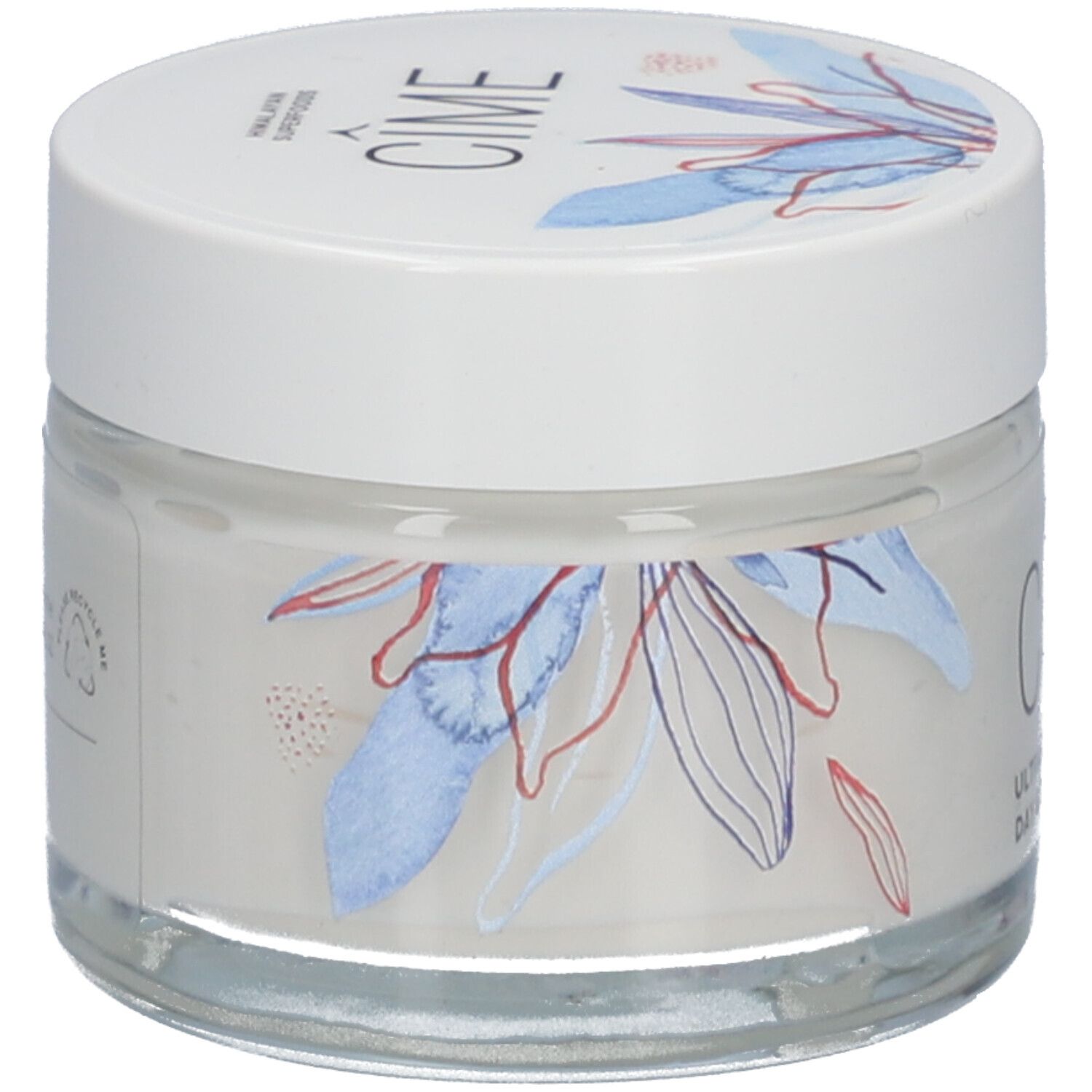 Pot de crème avec couvercle blanc. Inscription Cîme. Motifs floraux sur couvercle et pot. Vue latérale.