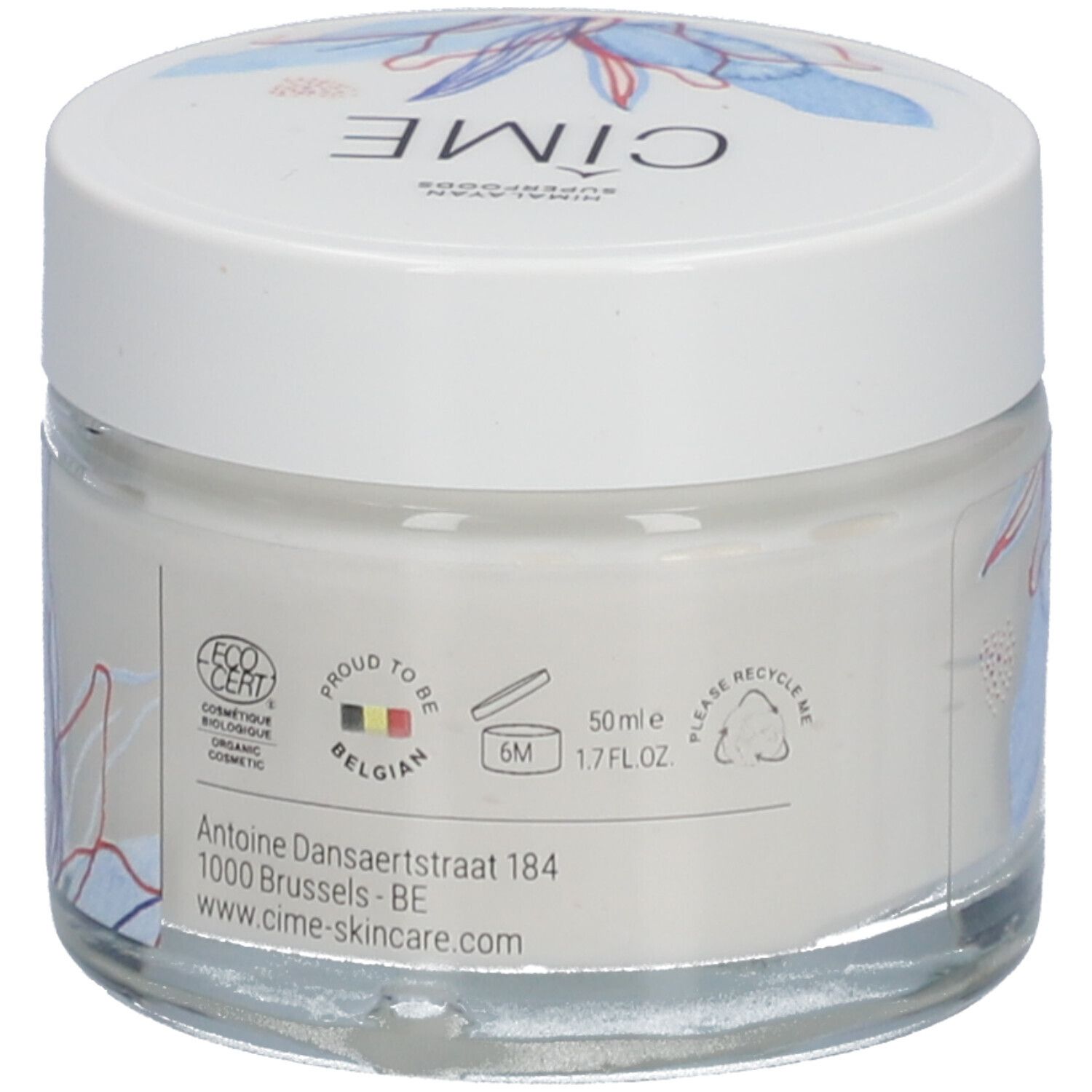 Pot de crème avec couvercle blanc. Inscription Cîme. Dos avec texte et logos: EcoCert, Belgique, 50ml, recyclage.