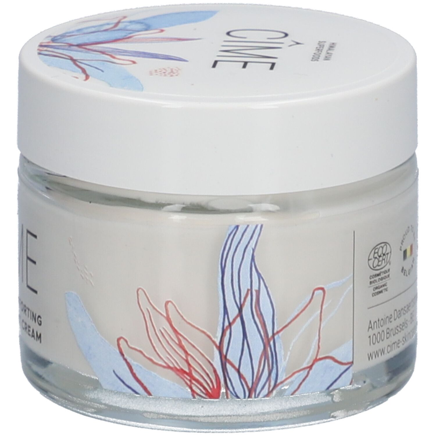 Pot de crème avec couvercle blanc. Inscription Cîme. Motifs floraux sur le verre. Logo EcoCert. Vue latérale.