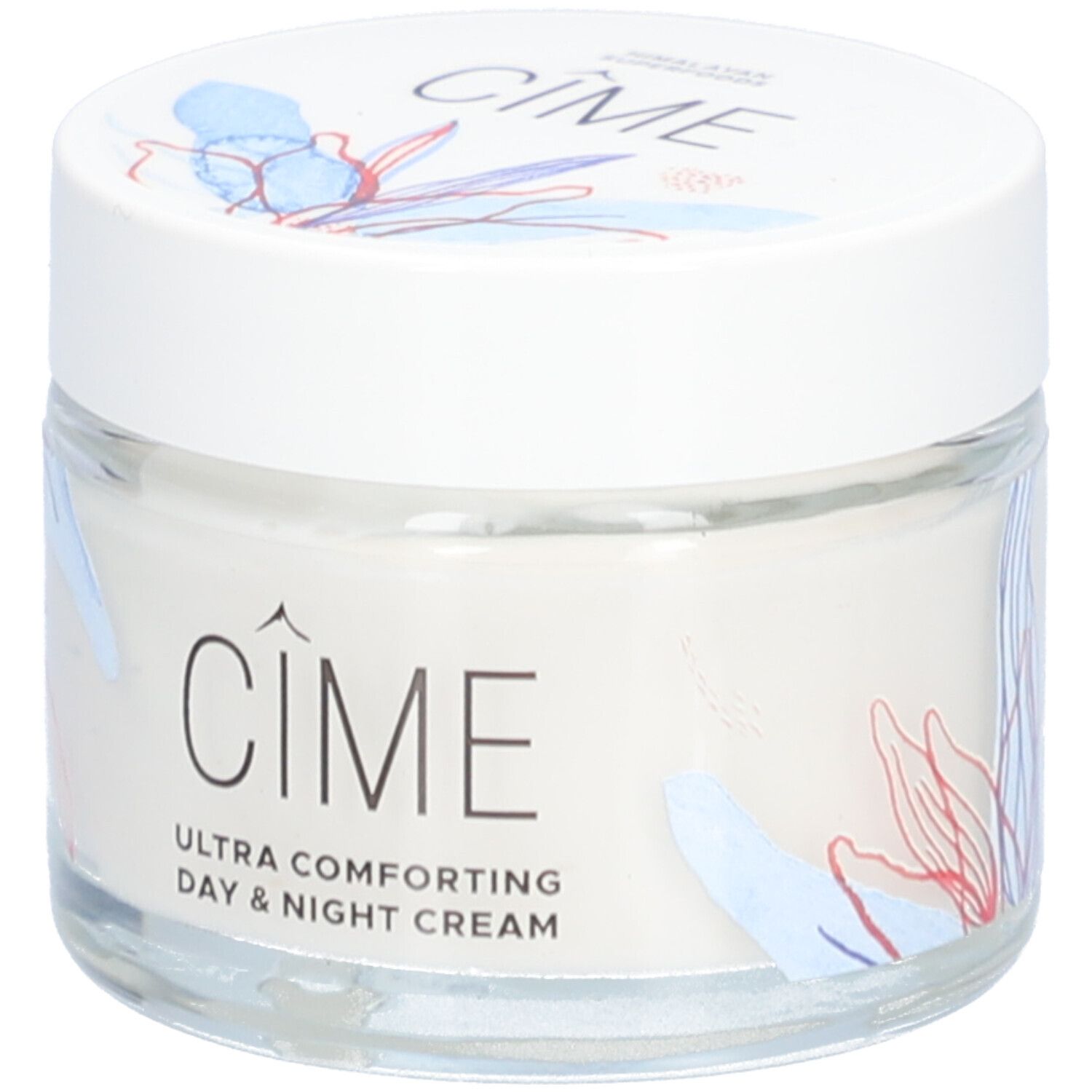 Pot de crème avec couvercle blanc. Inscription Cîme, Ultra Comforting Day & Night Cream. Motifs floraux sur le verre.