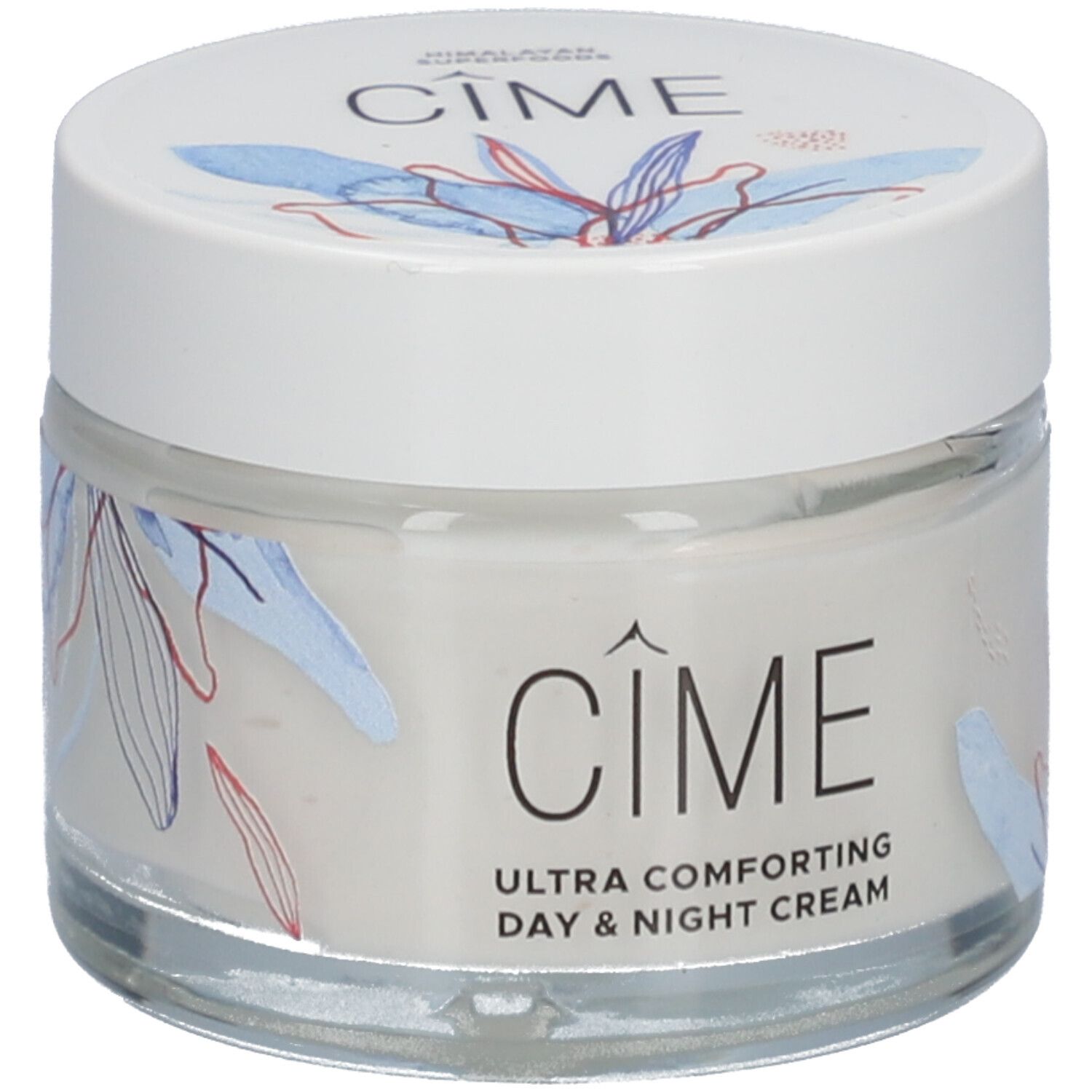 Pot de crème avec couvercle blanc. Inscription Cîme, Ultra Comforting Day & Night Cream. Motifs floraux sur le verre.