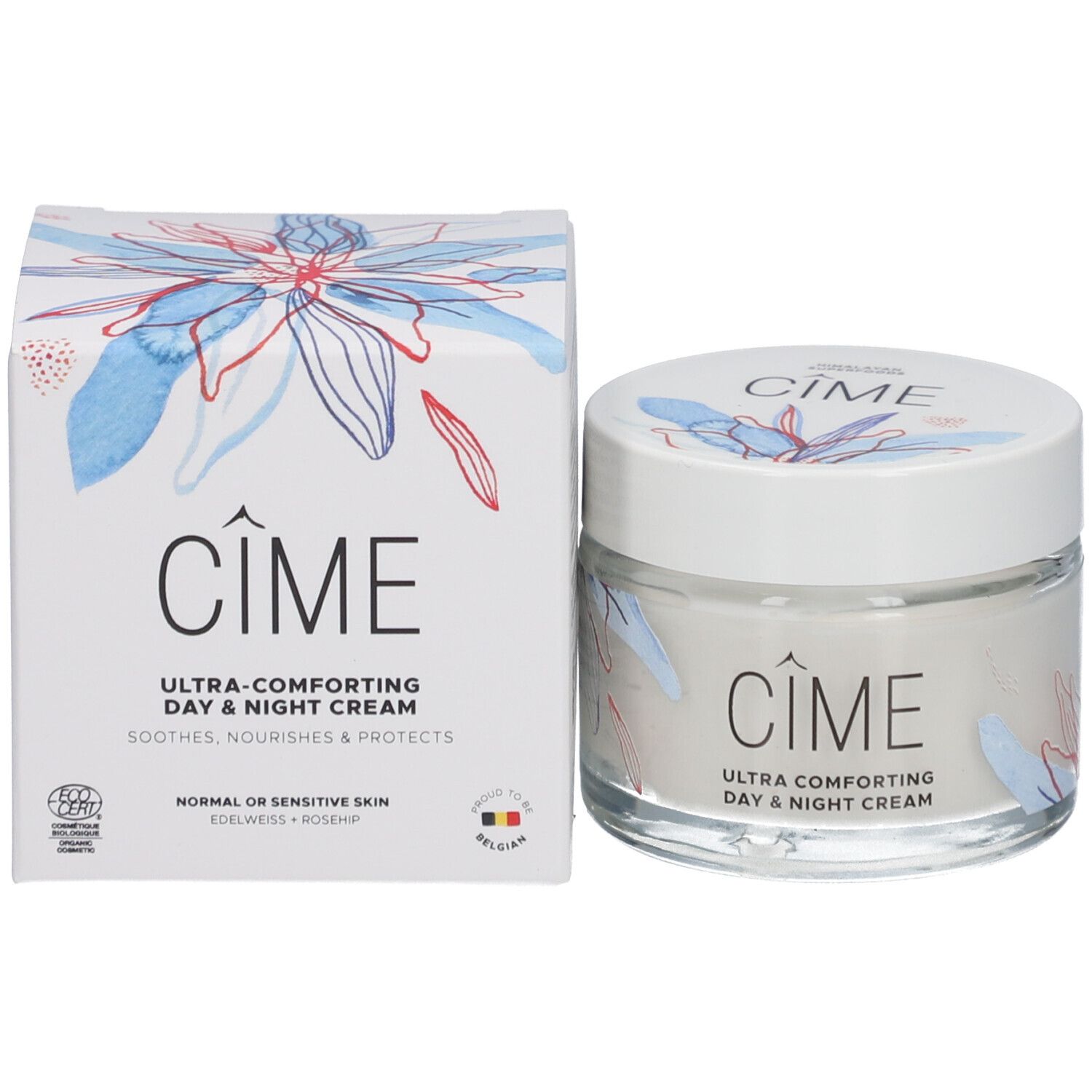 Pot de crème et carton. Inscription Cîme, Ultra Comforting Day & Night Cream. Logo EcoCert. Drapeau belge.
