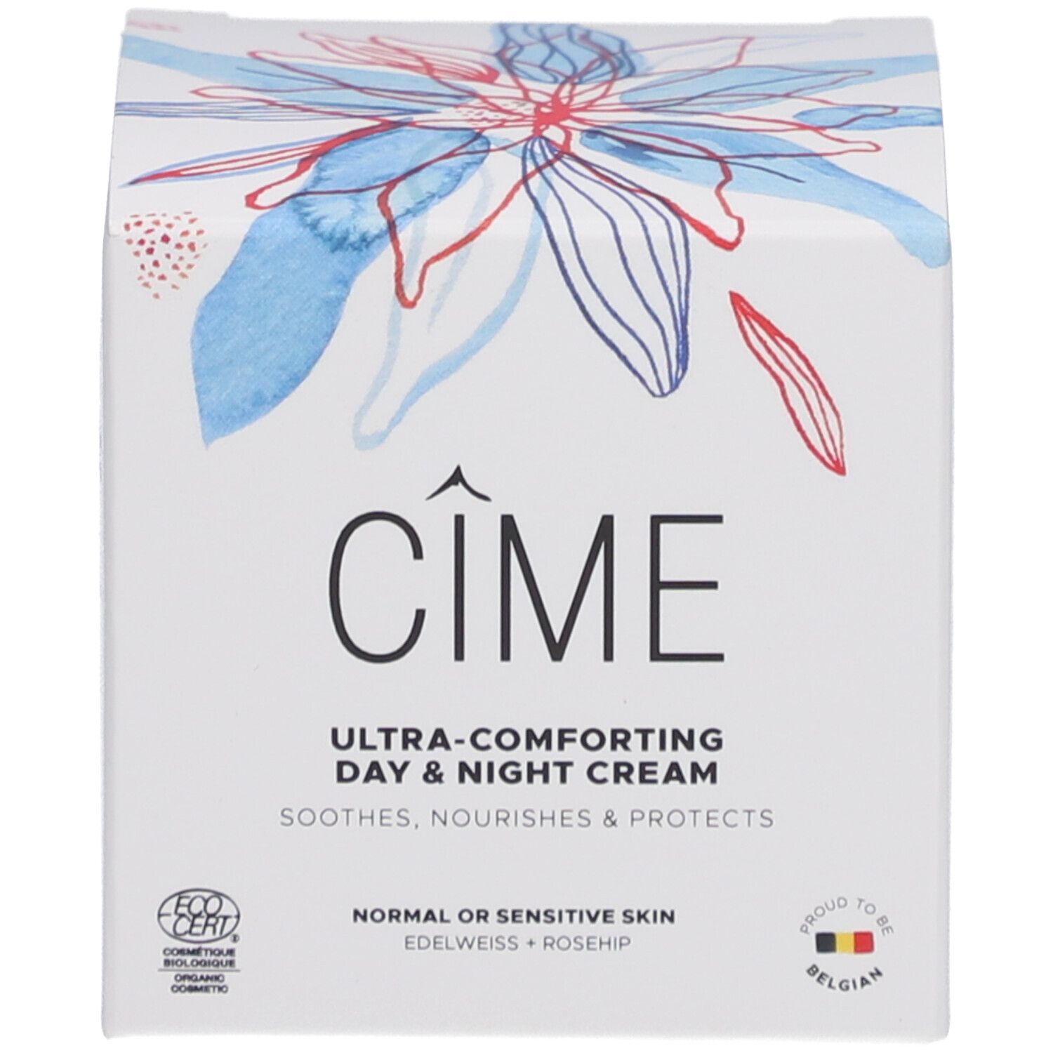 Boîte avec inscription Cîme, Ultra Comforting Day & Night Cream. Logo EcoCert. Drapeau belge. Motifs floraux.