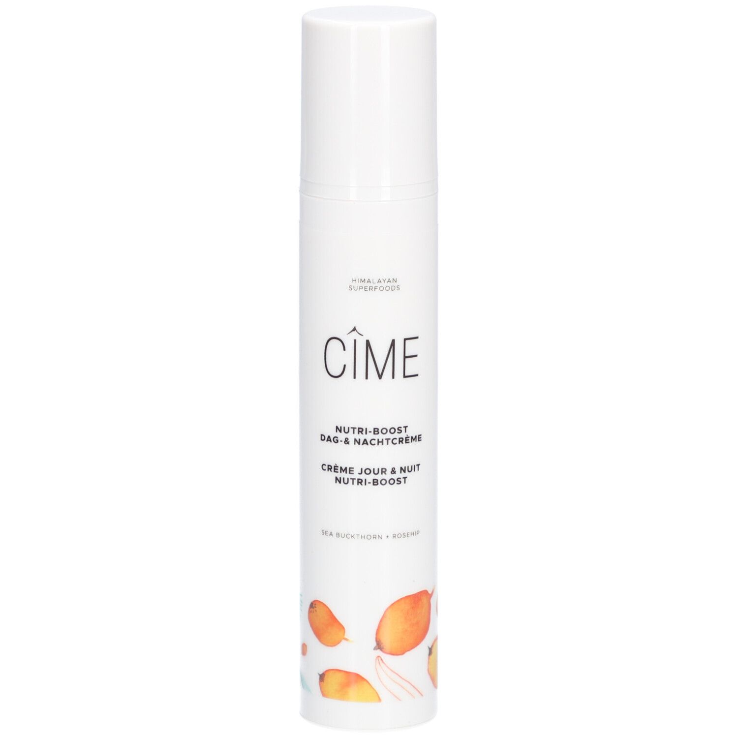 Tube de crème blanc avec bouchon. Inscription : Cîme, Nutri-boost Dag & Nachtcrème, Crème Jour & Nuit Nutri-boost. Avec illustrations.