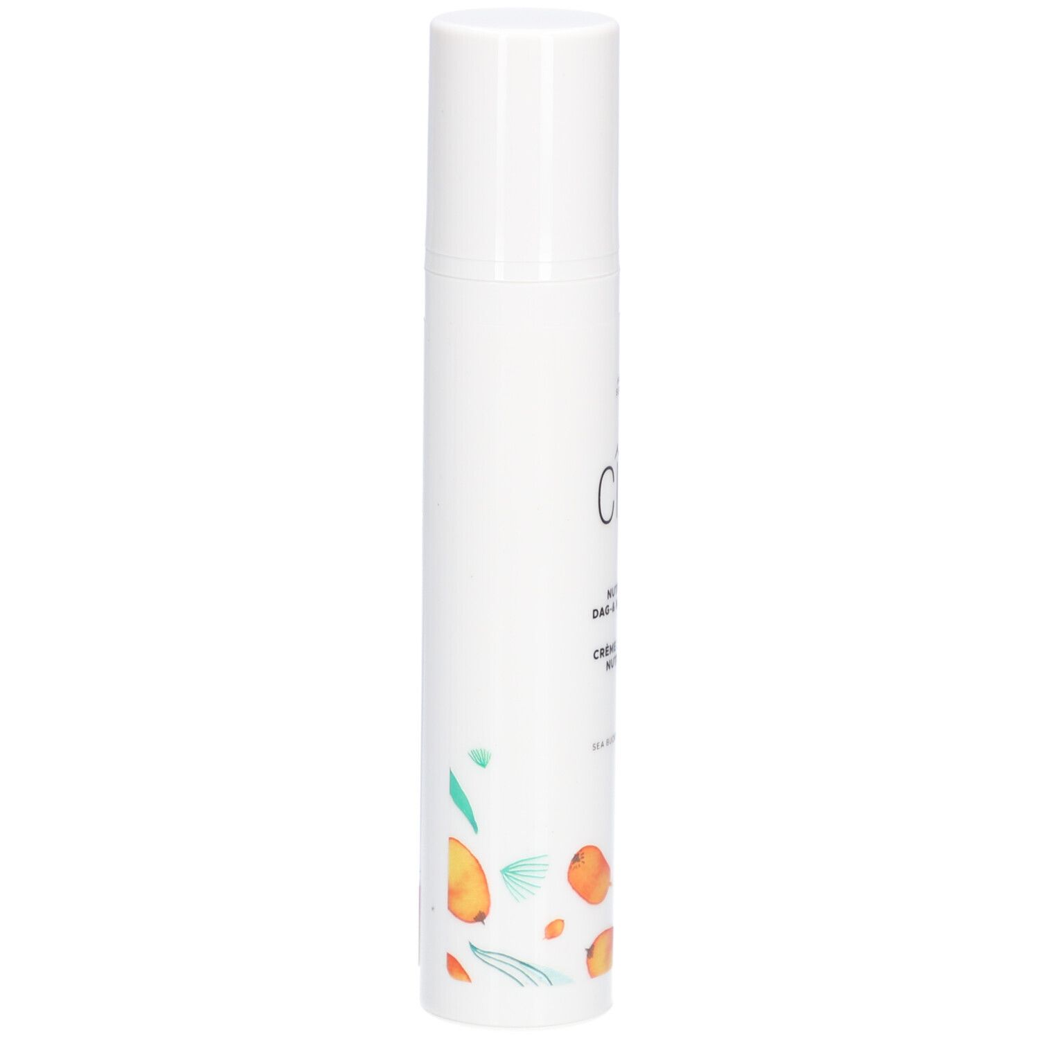 Tube de crème blanc avec bouchon. Inscription : Cîme, Nutri-boost Dag & Nachtcrème, Crème Jour & Nuit Nutri-boost. Avec illustrations.