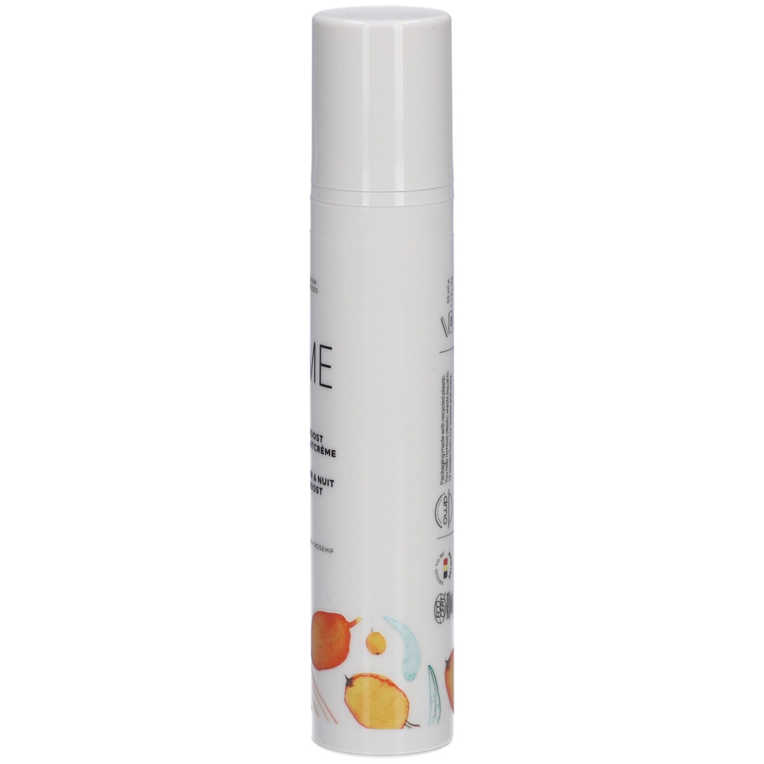 Tube de crème blanc avec bouchon. Inscription : Cîme, Nutri-boost Dag & Nachtcrème, Crème Jour & Nuit Nutri-boost. Avec illustrations.