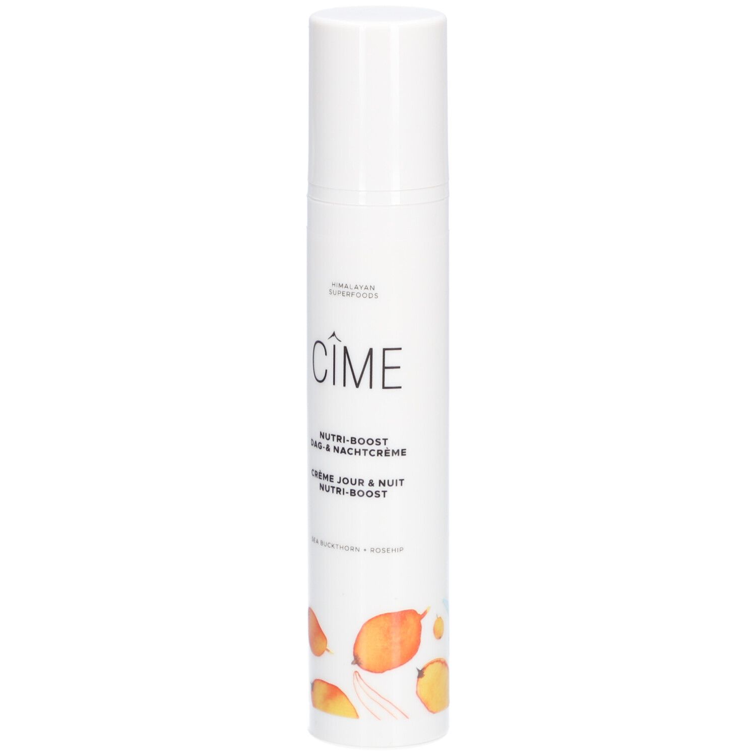 Tube de crème blanc avec bouchon. Inscription : Cîme, Nutri-boost Dag & Nachtcrème, Crème Jour & Nuit Nutri-boost. Avec illustrations.