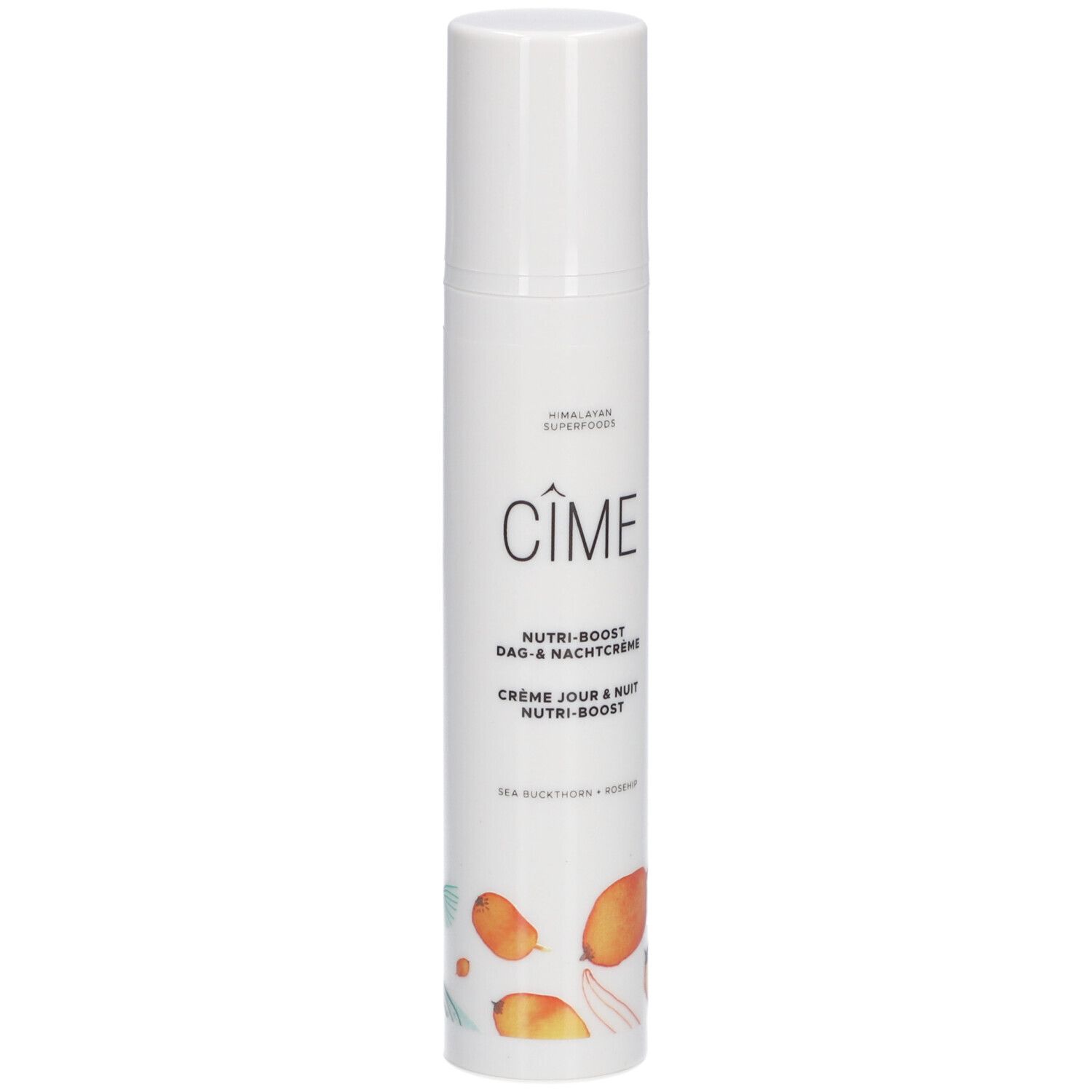 Tube de crème blanc avec bouchon. Inscription : Cîme, Nutri-boost Dag & Nachtcrème, Crème Jour & Nuit Nutri-boost. Avec illustrations.