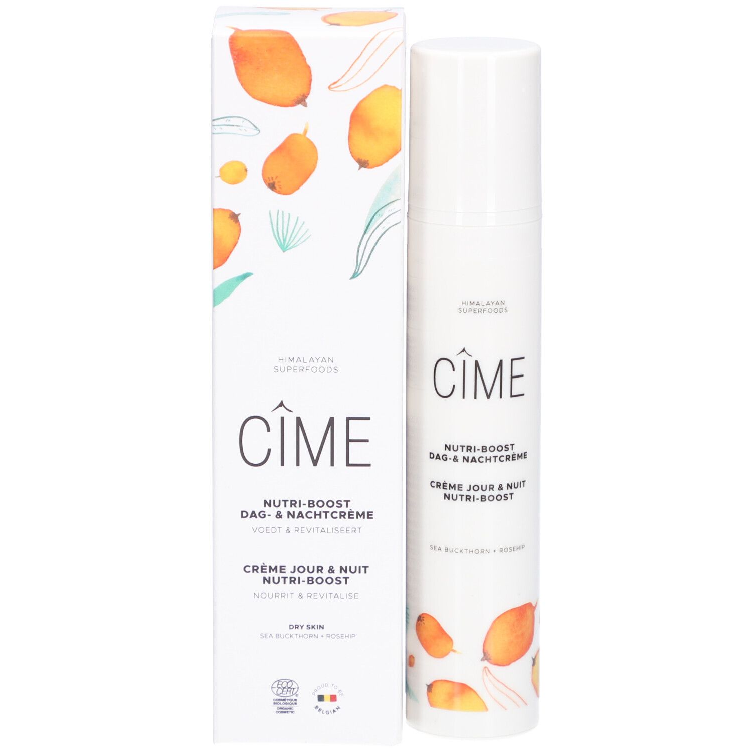 Tube de crème et emballage. Inscription : Cîme, Nutri-boost Dag & Nachtcrème, Crème Jour & Nuit Nutri-boost. Avec illustrations et logo.