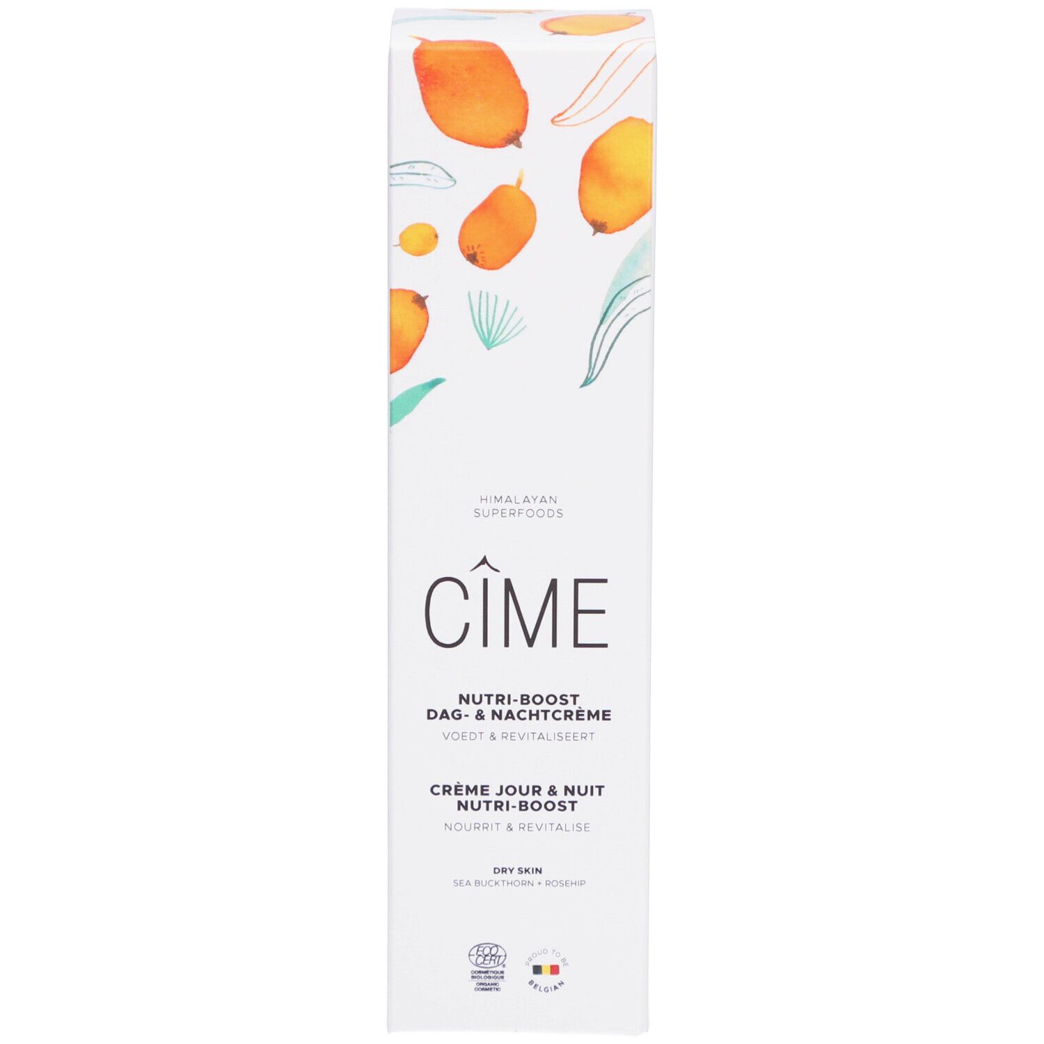 Emballage. Inscription : Cîme, Nutri-boost Dag & Nachtcrème, Crème Jour & Nuit Nutri-boost. Avec illustrations et logo.