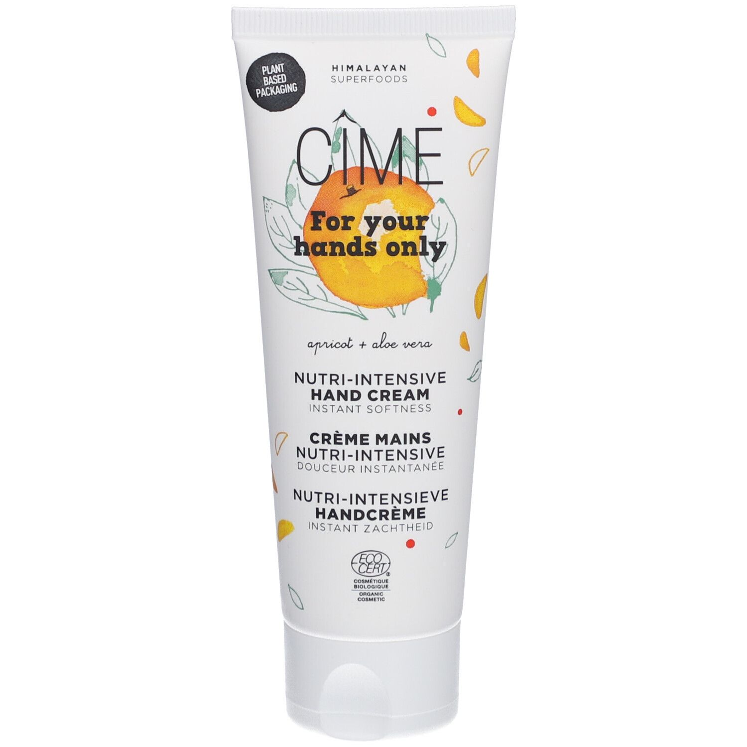 Tube de crème pour les mains Cîme. Blanc, avec logo et nom du produit. Inscription : "For your hands only". Avec abricot et aloe vera.