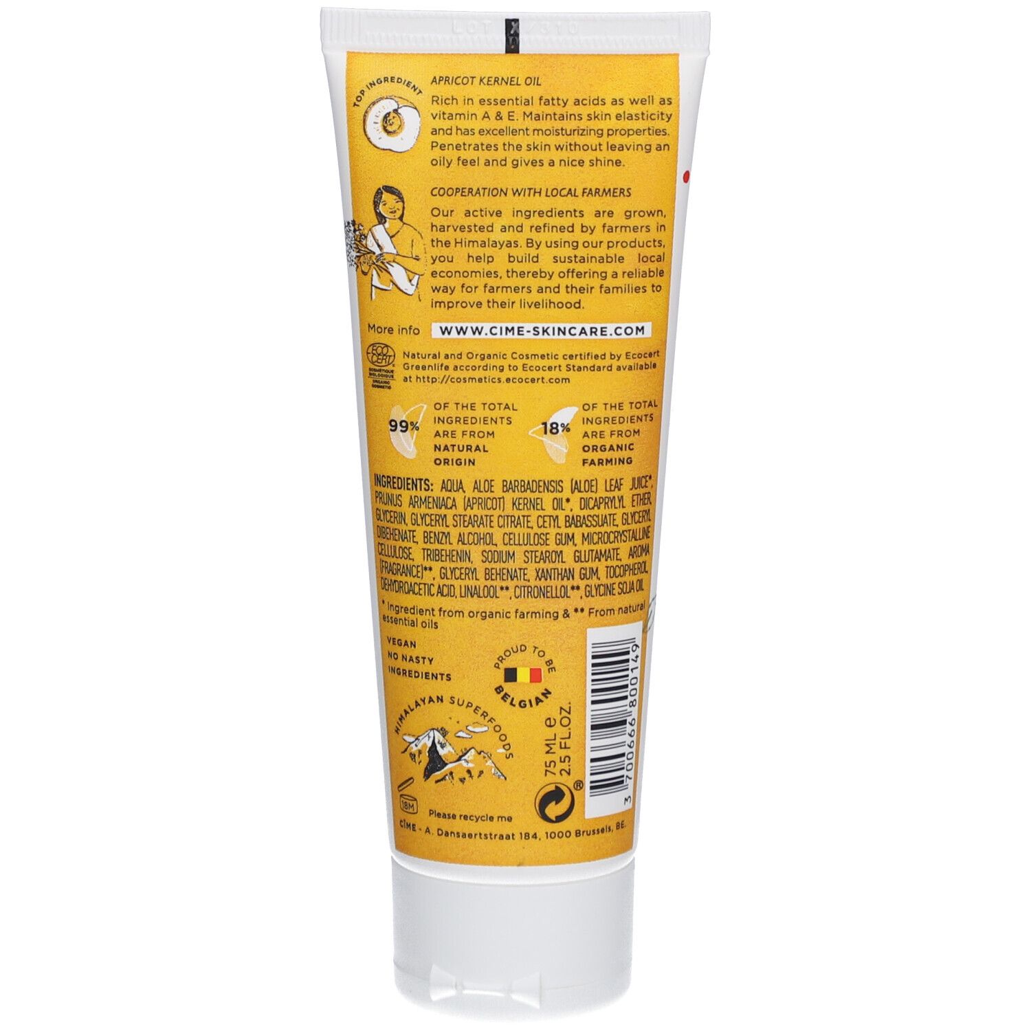 Dos du tube de crème pour les mains Cîme. Fond jaune avec texte. Contient les ingrédients et des informations sur la marque et l'origine.