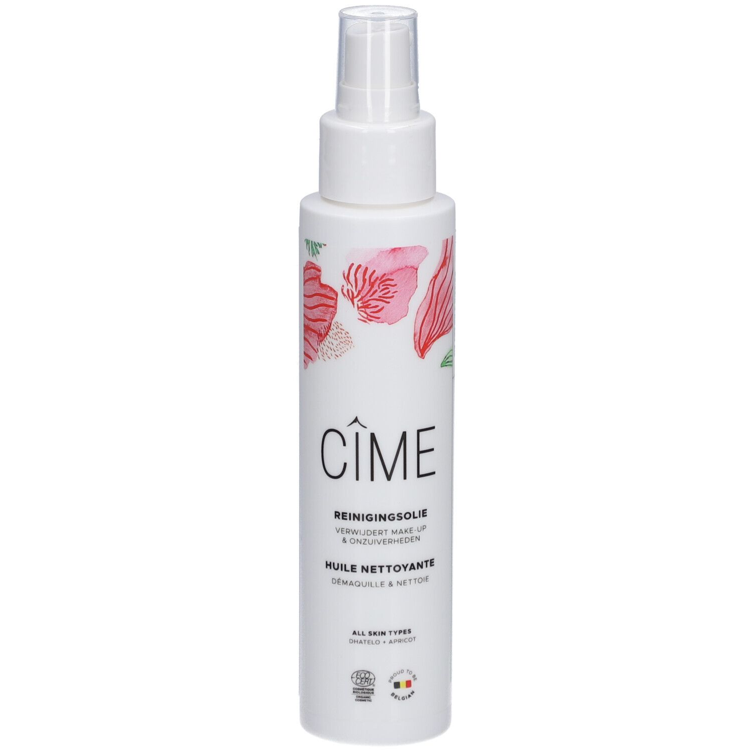 Flacon blanc avec vaporisateur. Inscription Cîme, Huile nettoyante. Motif floral et logo. Certifications.