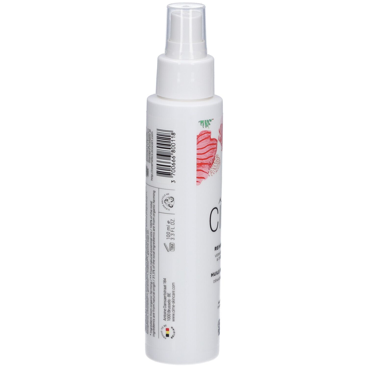 Flacon blanc avec vaporisateur. Inscription Cîme, Huile nettoyante. Motif floral et logo. Texte et code-barres au dos.