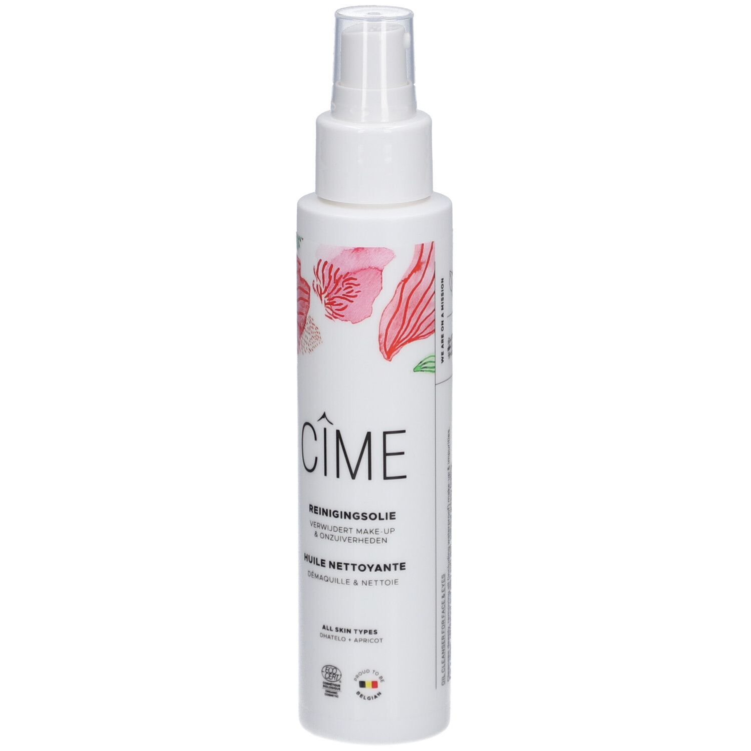 Flacon blanc avec vaporisateur. Inscription Cîme, Huile nettoyante. Motif floral et logo. Certifications.