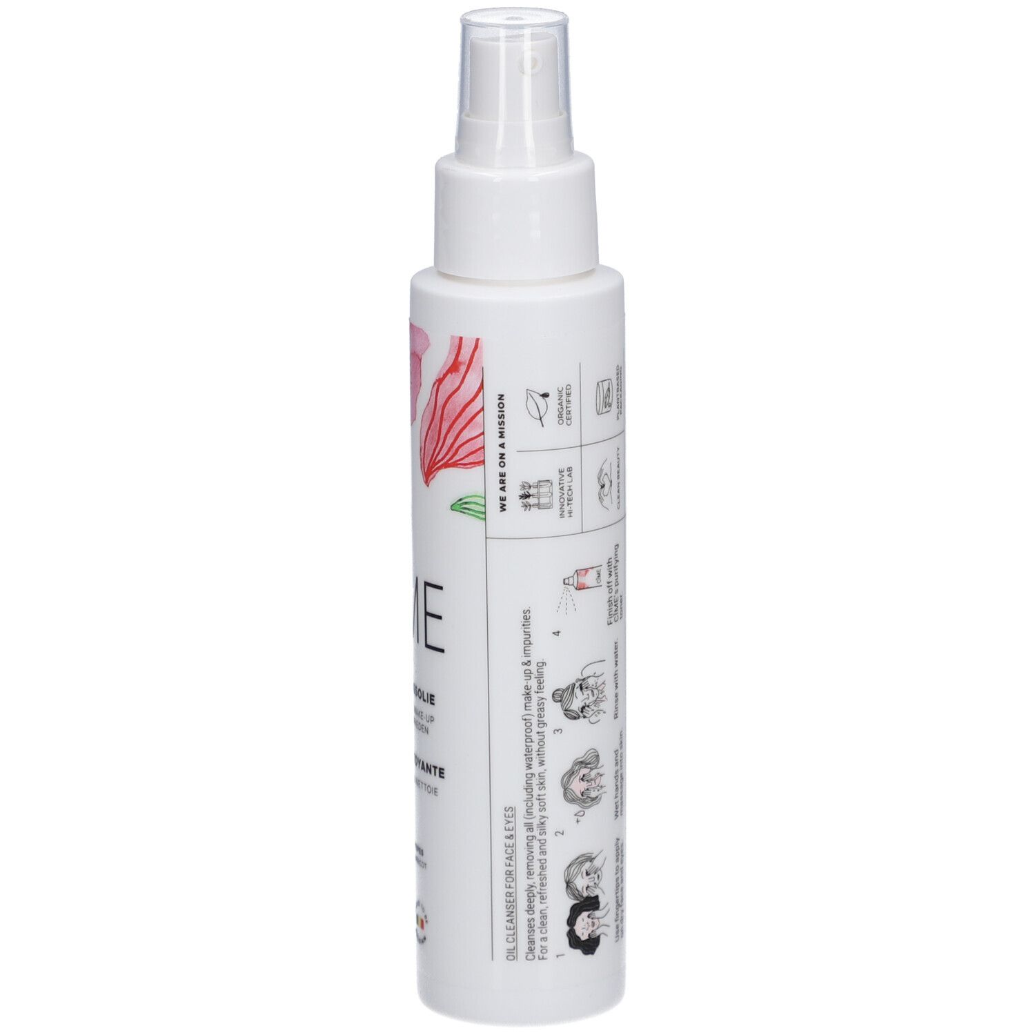 Flacon blanc avec vaporisateur. Inscription Cîme, Huile nettoyante. Motif floral et logo. Pictogrammes.