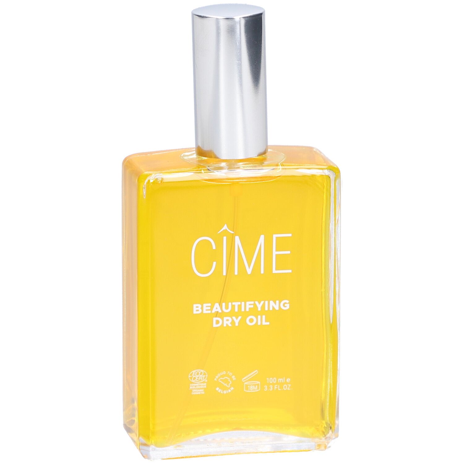 Flacon en verre contenant de l'huile jaune, avec un bouchon argenté et une étiquette blanche. Produit Cîme.