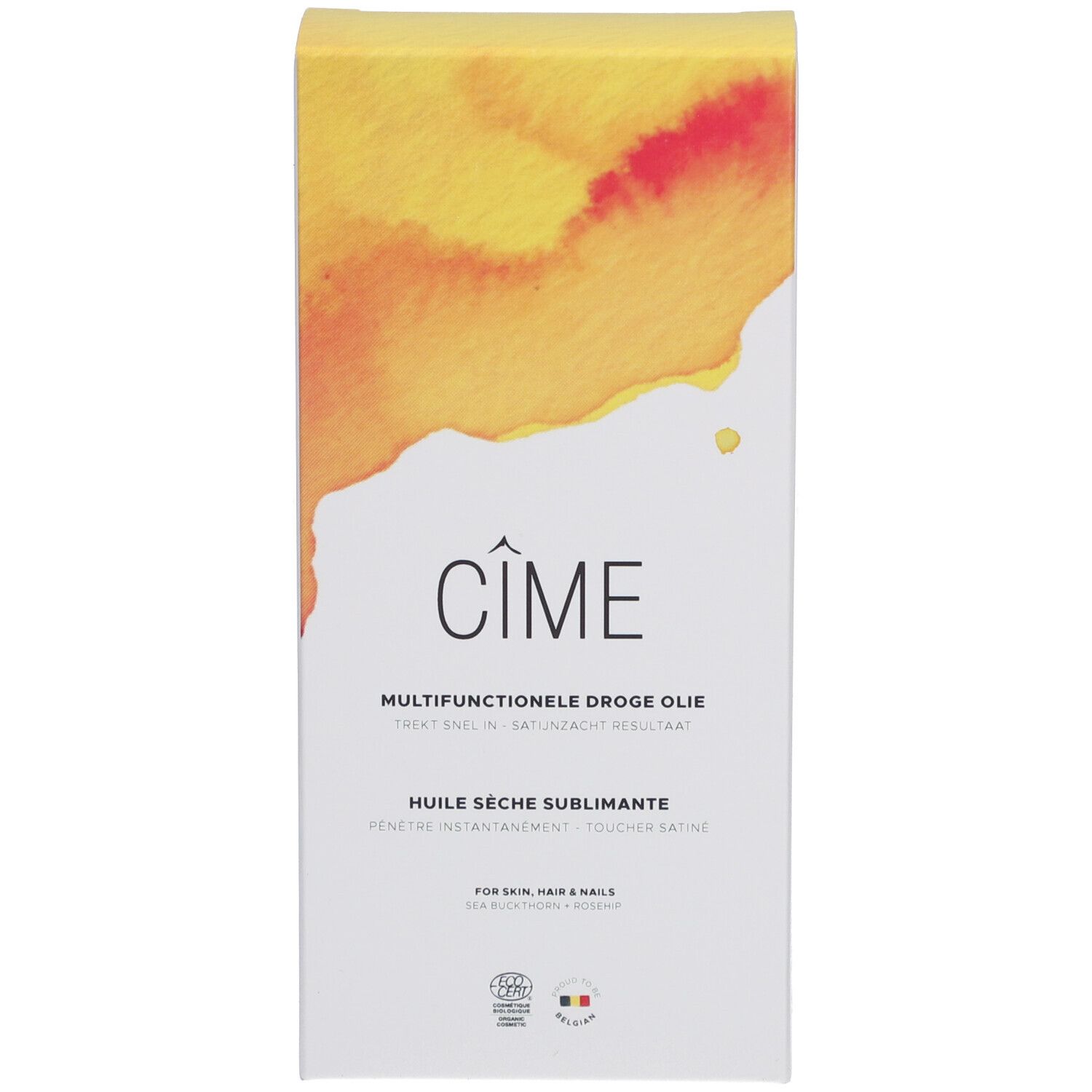 Boîte avec un design jaune et orange. Cîme sur la boîte.