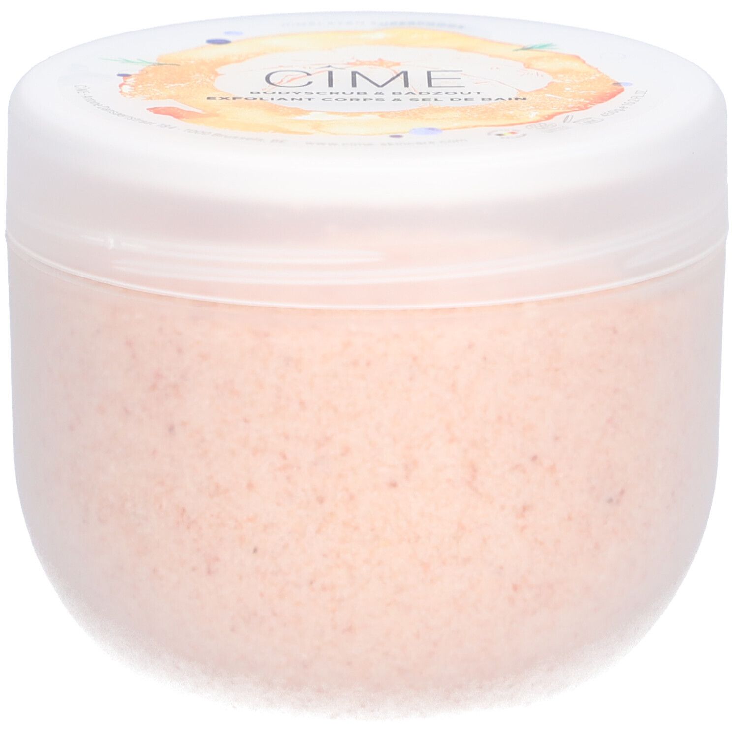 Pot rond avec couvercle blanc. Le couvercle porte la marque "Cîme". Le pot contient un produit rose.