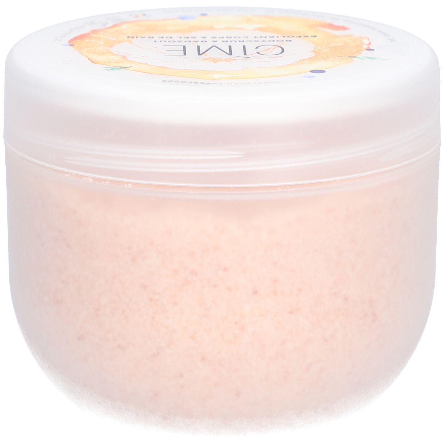 Pot rond avec couvercle blanc. Le couvercle porte la marque "Cîme". Le pot contient un produit rose.